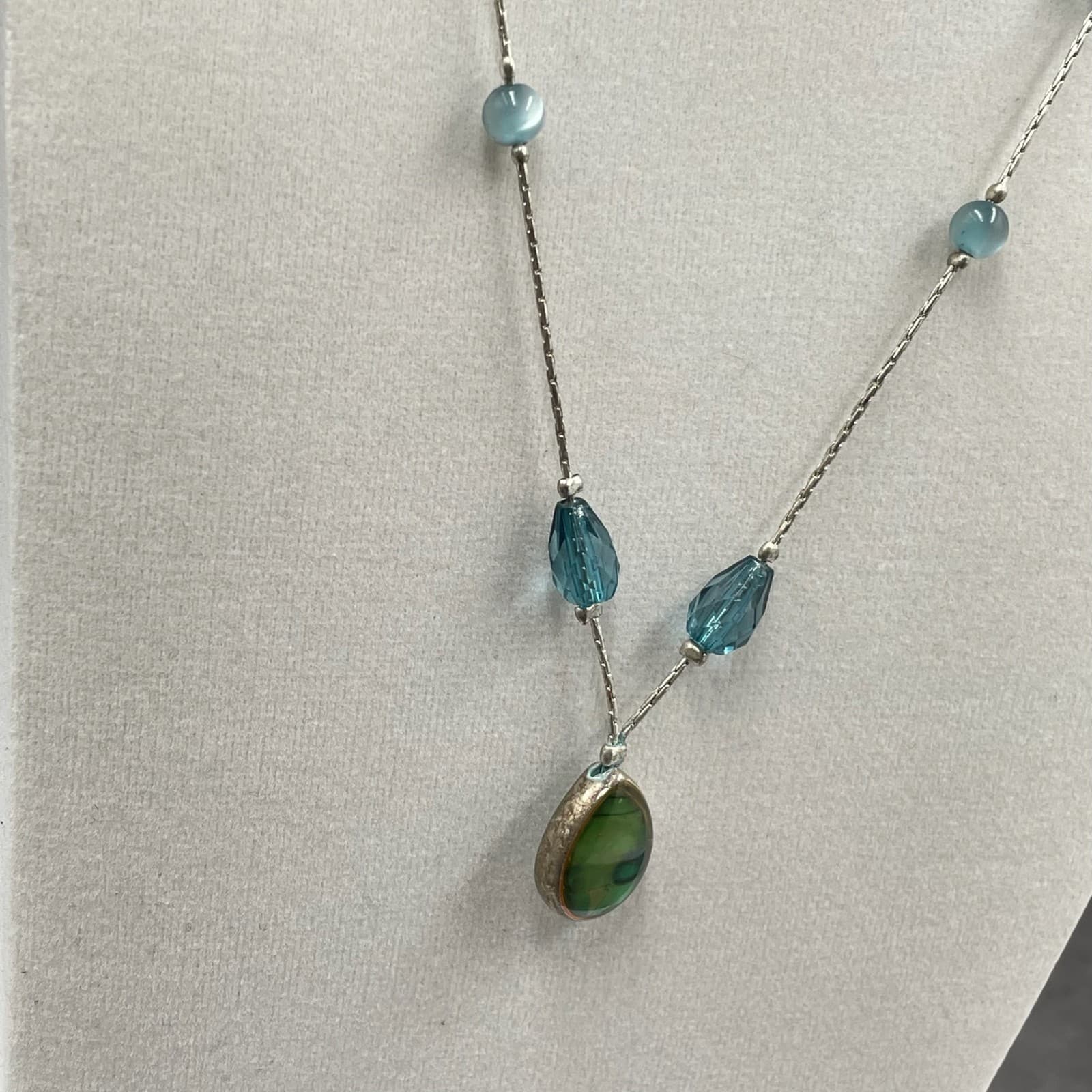 Vintage Contemporary Silver-Tone Cord Chain Blue Stone Sparkler Station Pendant - Thumbnail 6