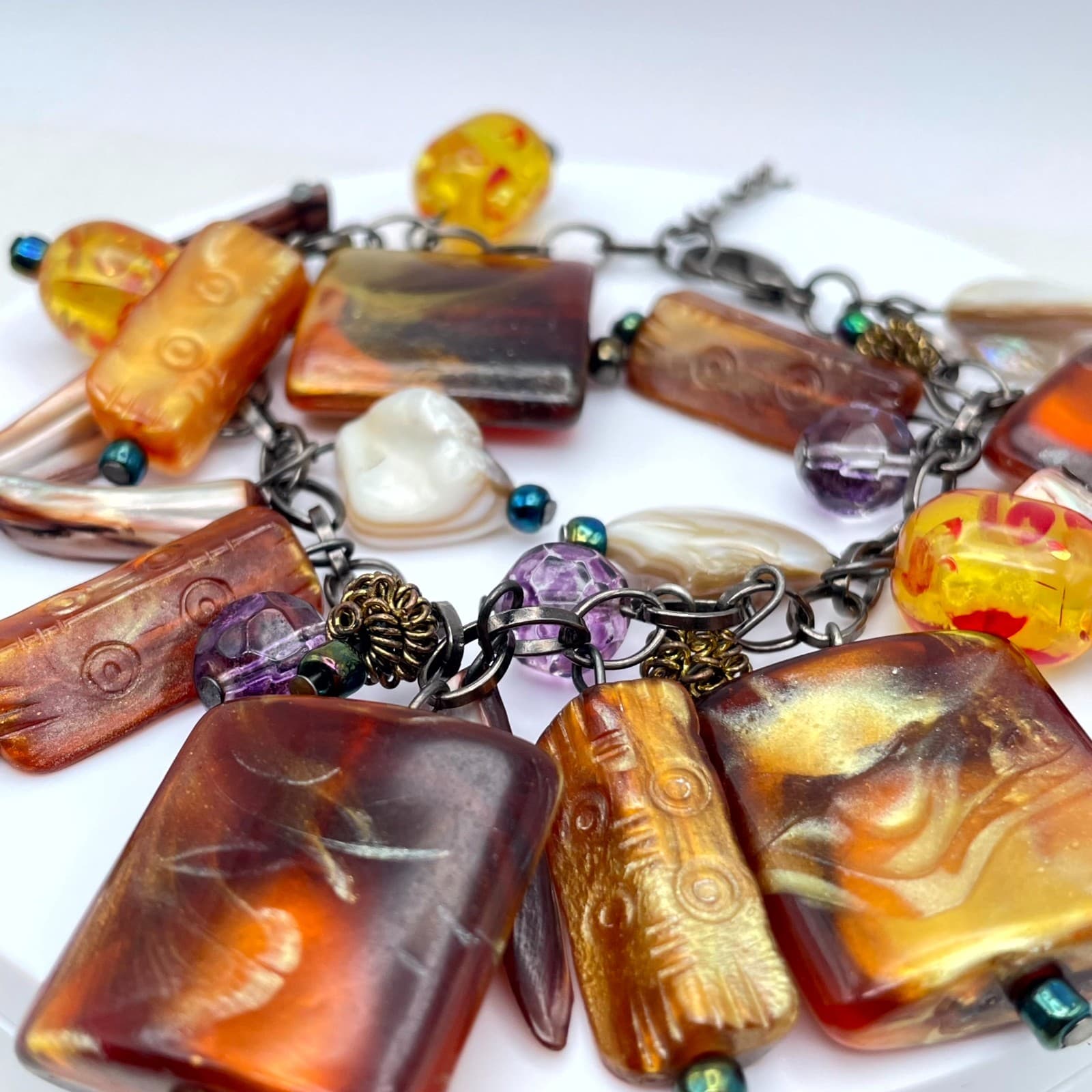 Bohemian Black Amber-Inspire Chain Pearls Multi Strand Statement Charm Bracelet - Thumbnail 3