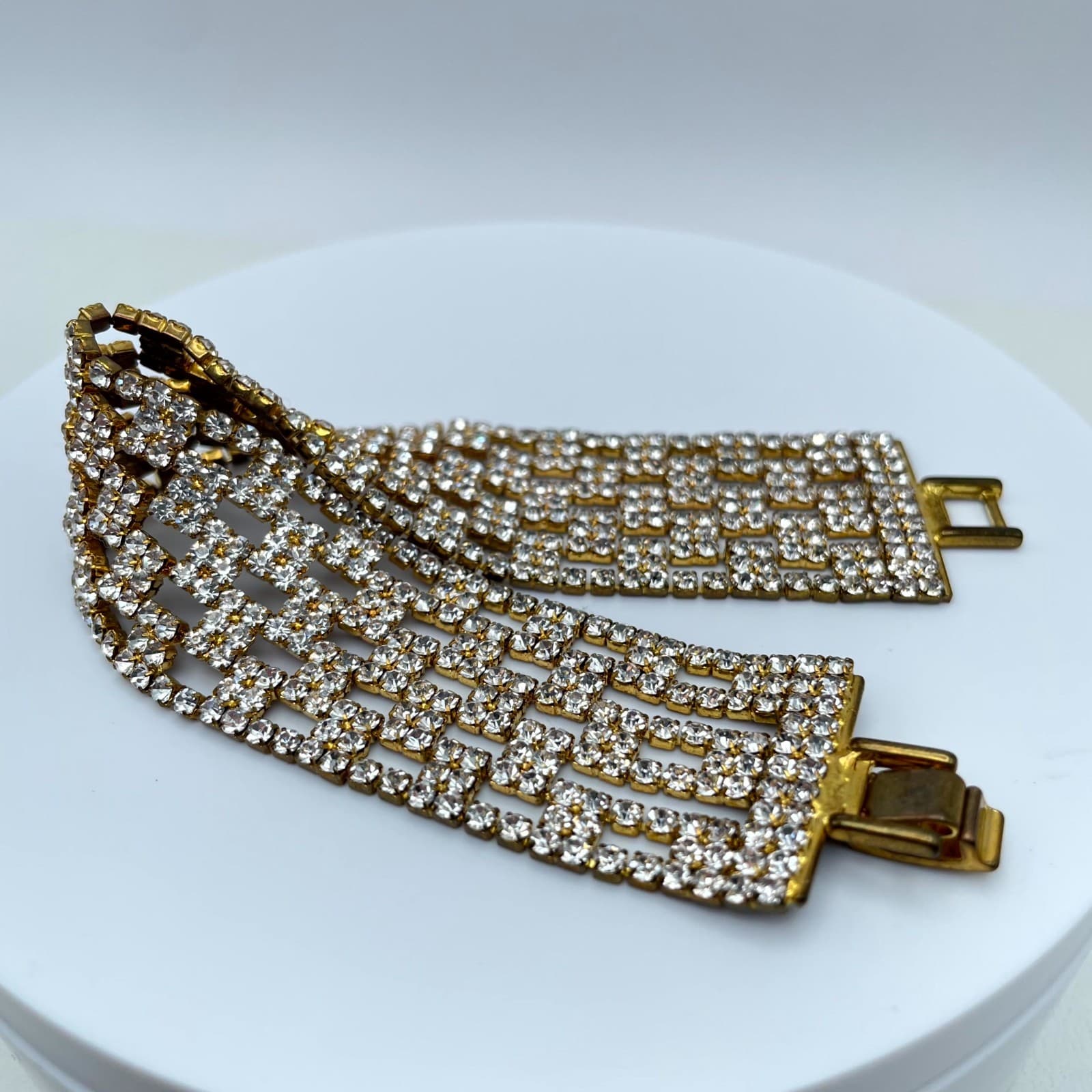 Vintage Retro Gold-Tone Classic Hollywood Glamour Prong Rhinestone Cuff Bracelet - Thumbnail 5