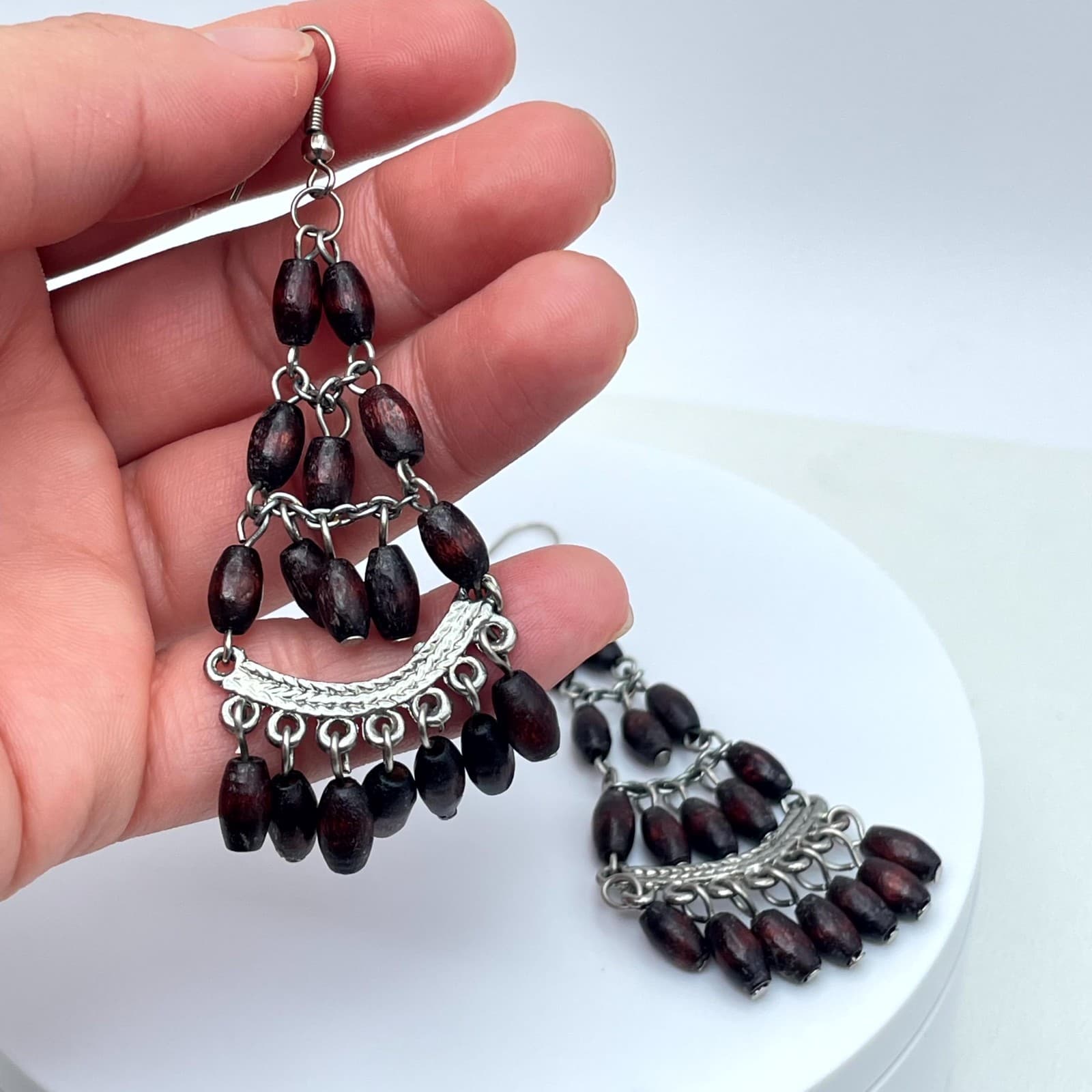 Vintage Silver-Tone Tribal Oval Wooden Beads Dangle Chandelier Hook Earrings - Thumbnail 8
