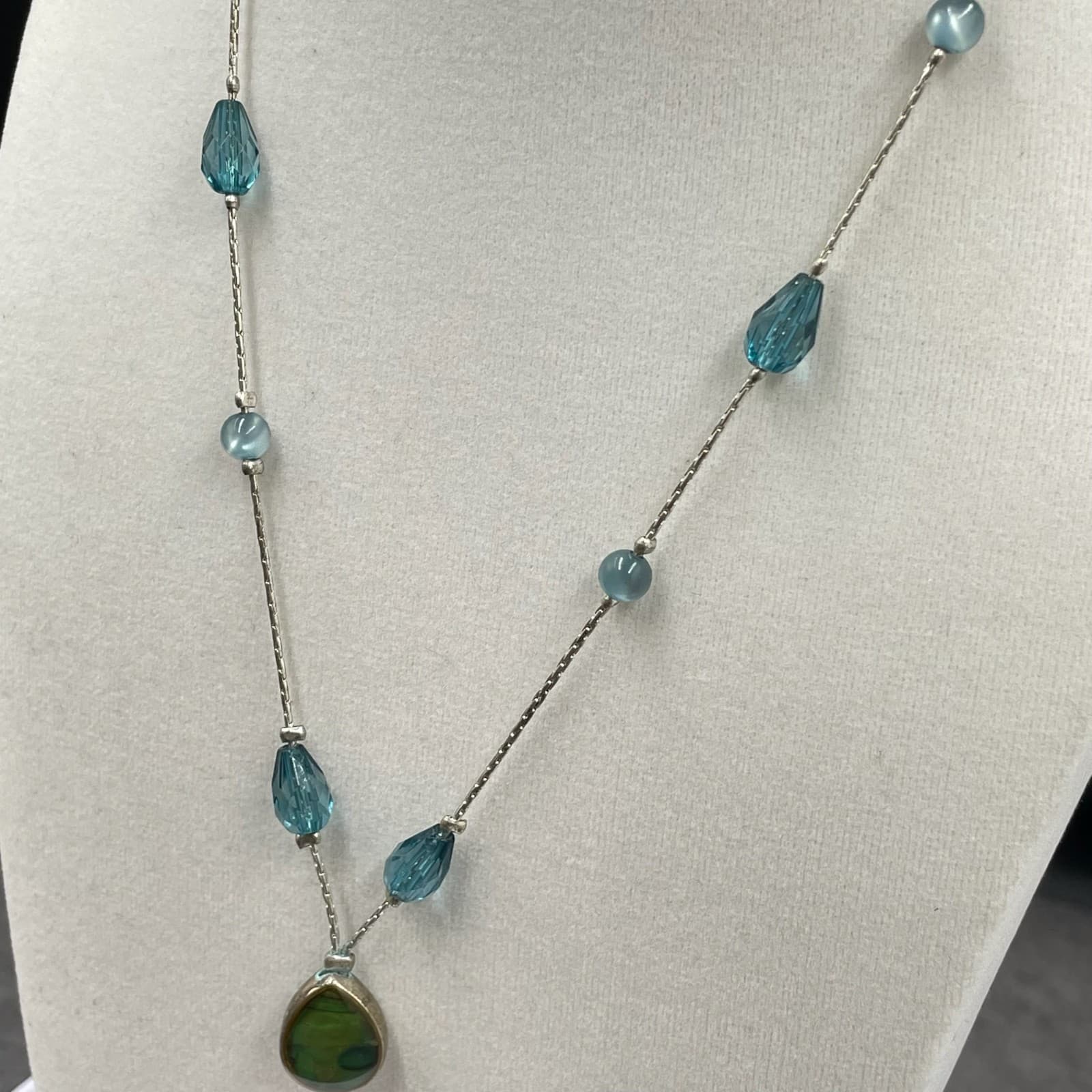 Vintage Contemporary Silver-Tone Cord Chain Blue Stone Sparkler Station Pendant - Thumbnail 8