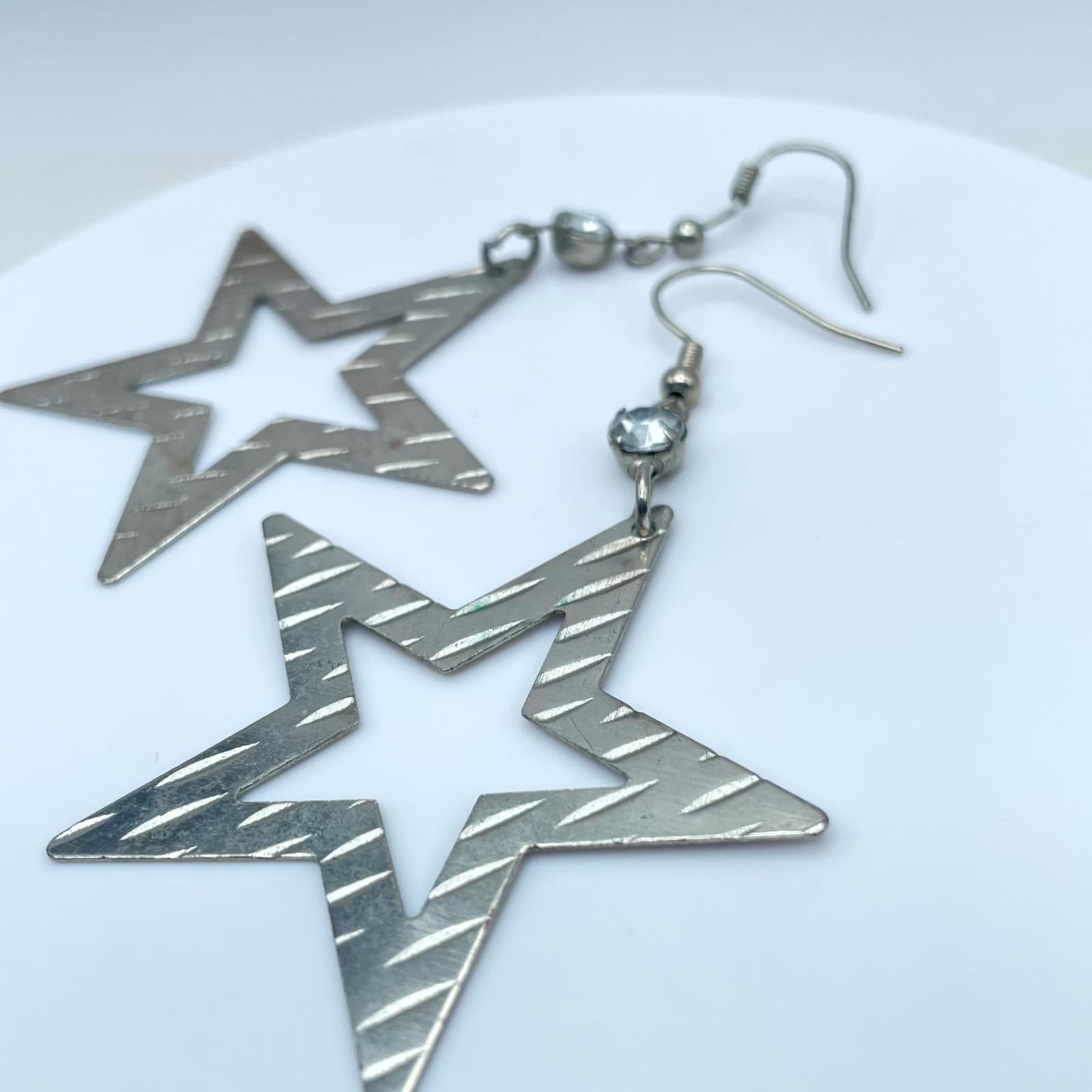Y2K Silver-Tone Pop-Punk Faceted Beads Hollow Star Dangle Drop Hook Earrings - Thumbnail 6