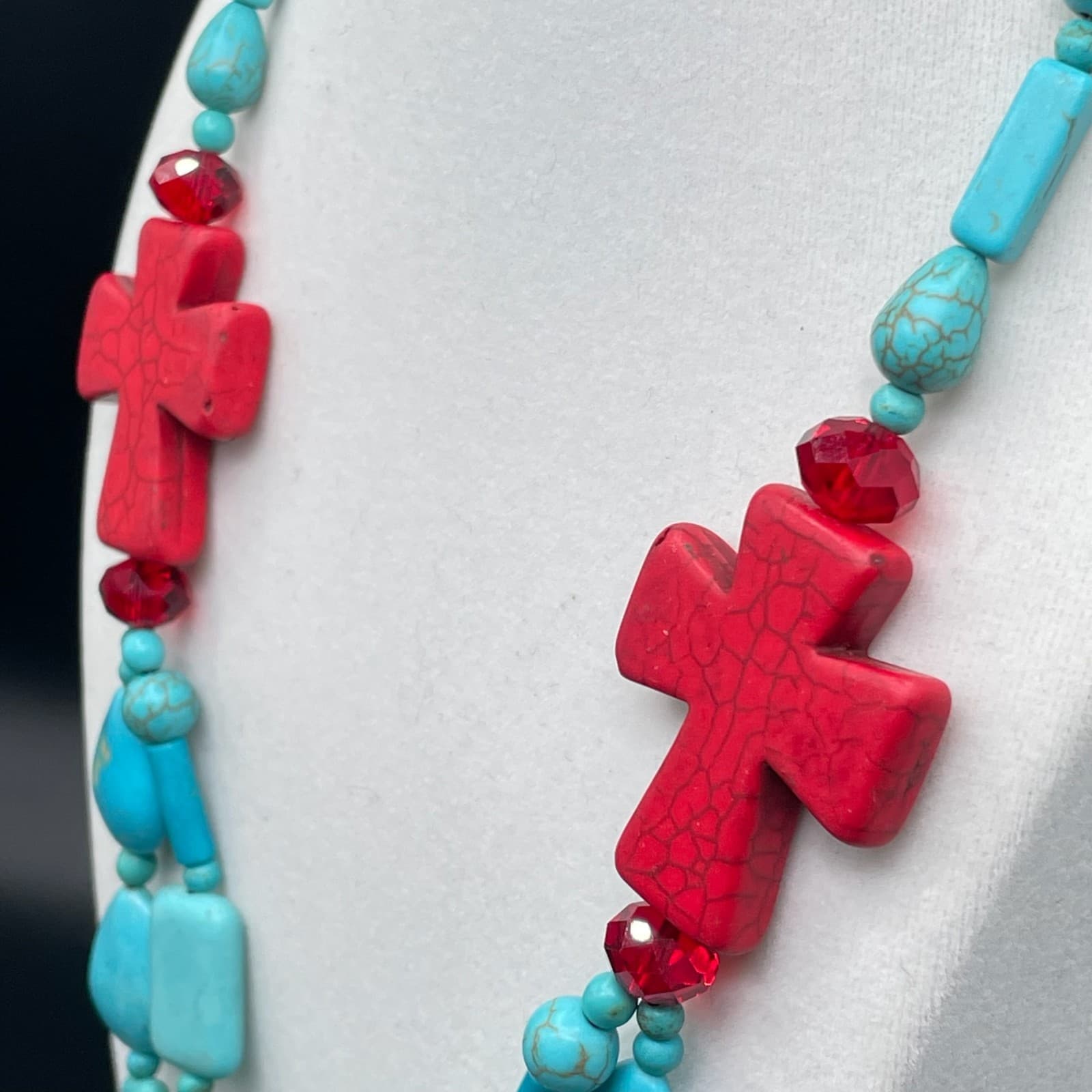 Vintage Trending Teal Cross Sign Howlite Turquoise and Coral Beaded Pendant - Thumbnail 14