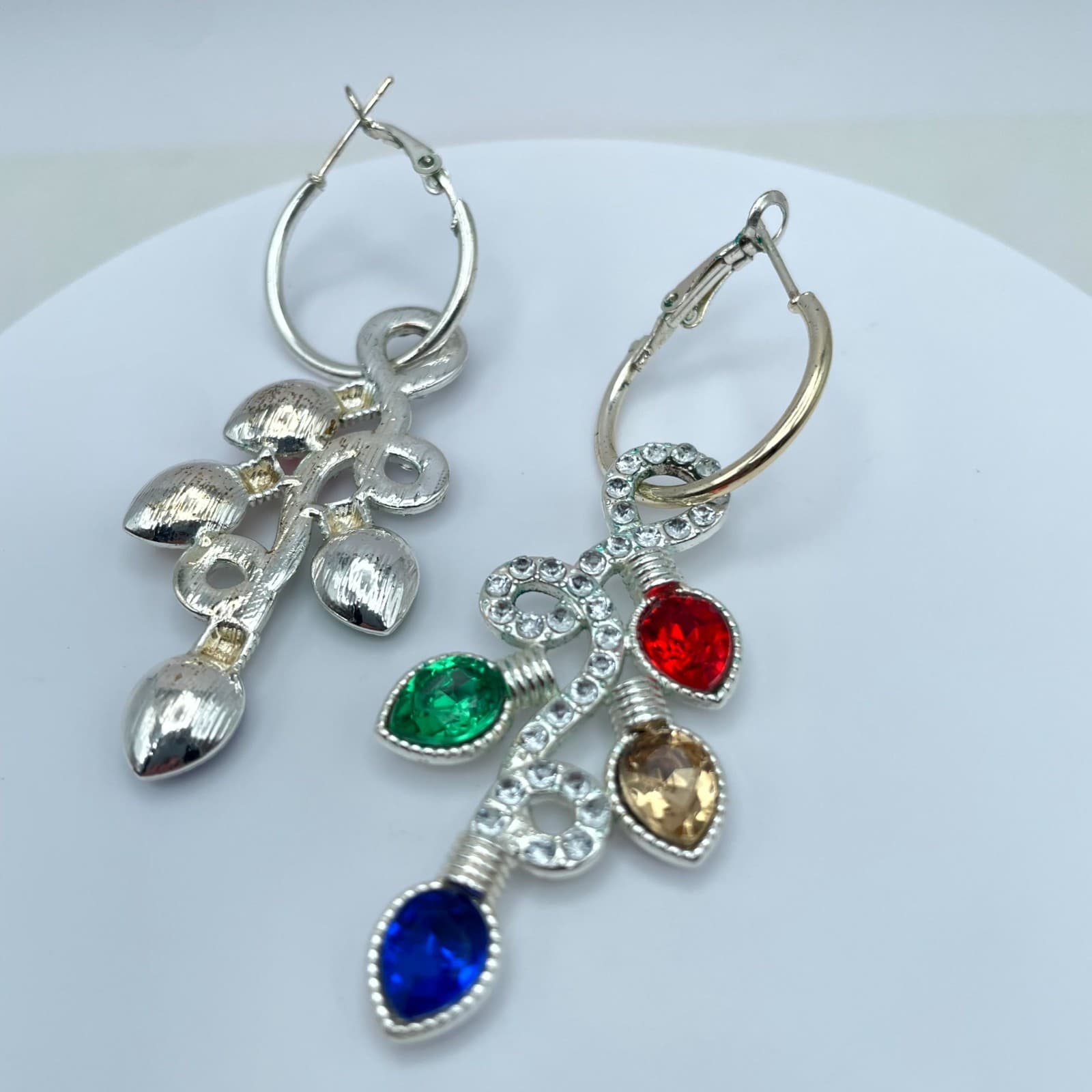 Gold-Tone Faceted Glass Bezel Beads Christmas Light Drop Dangle Hinged Earrings - Thumbnail 2