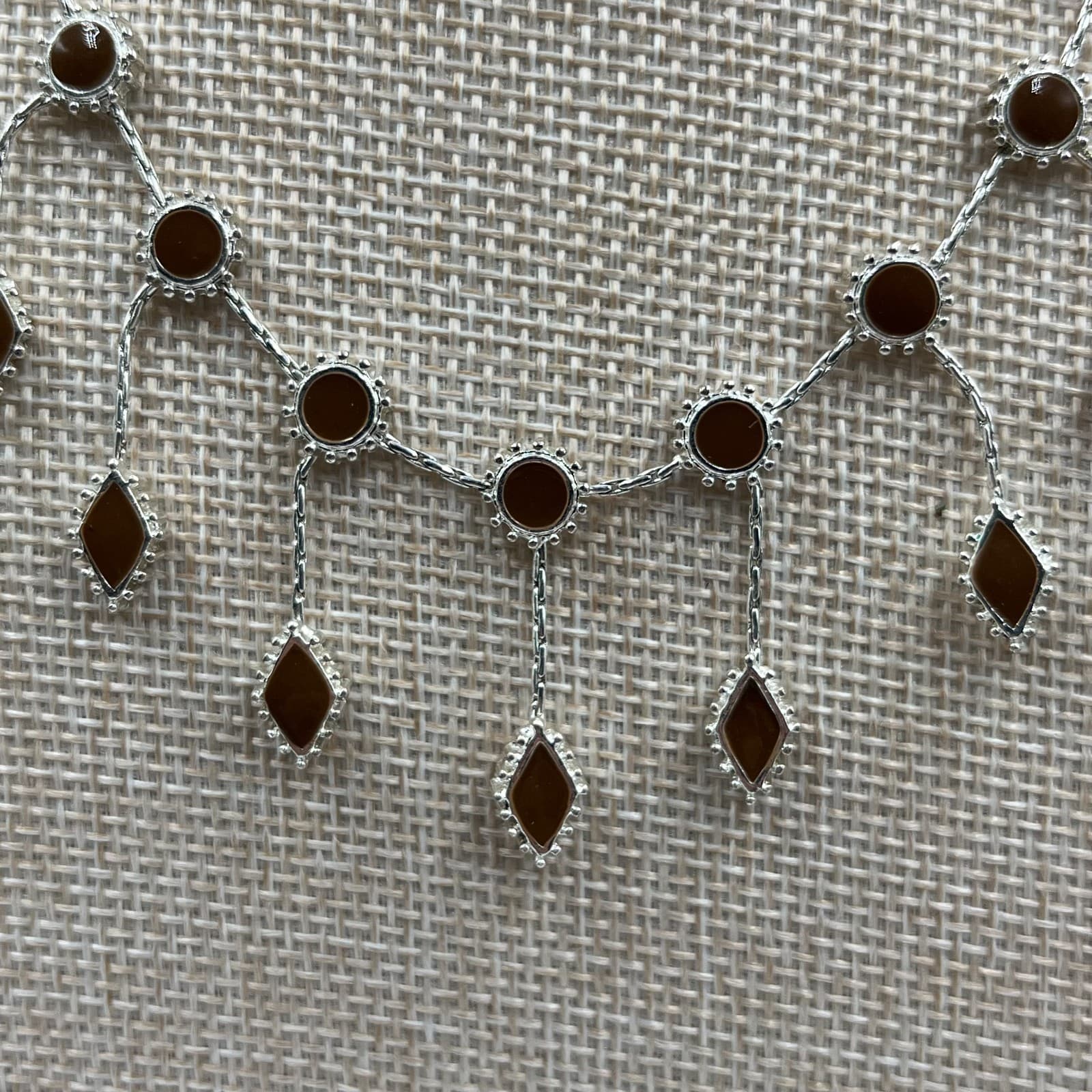 Vintage Bohemian Silver Drop Necklace Brown Faux Stone Geometric Charms 18" - Thumbnail 3