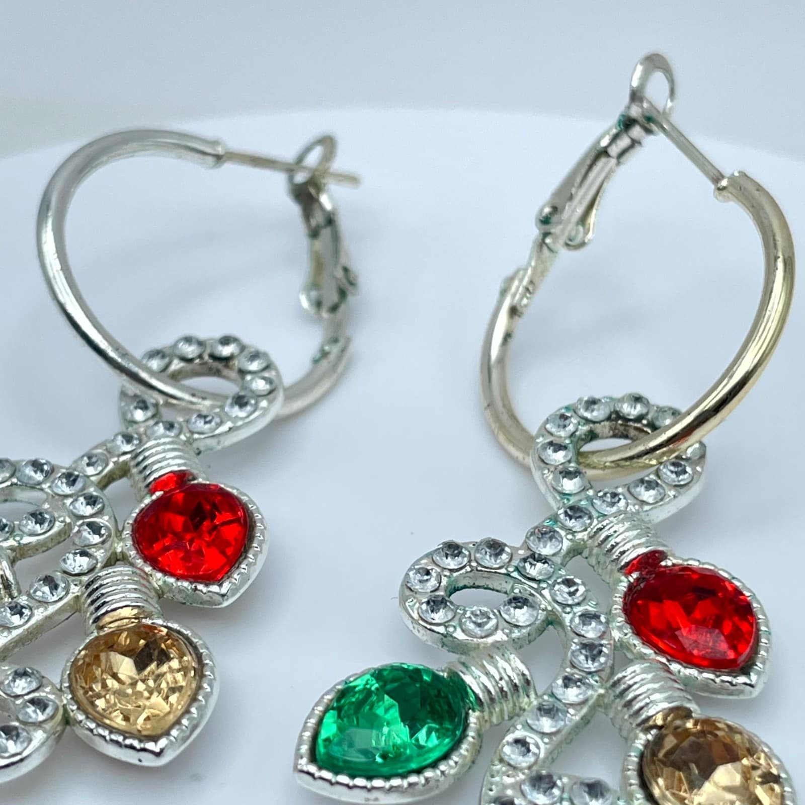 Gold-Tone Faceted Glass Bezel Beads Christmas Light Drop Dangle Hinged Earrings - Thumbnail 7