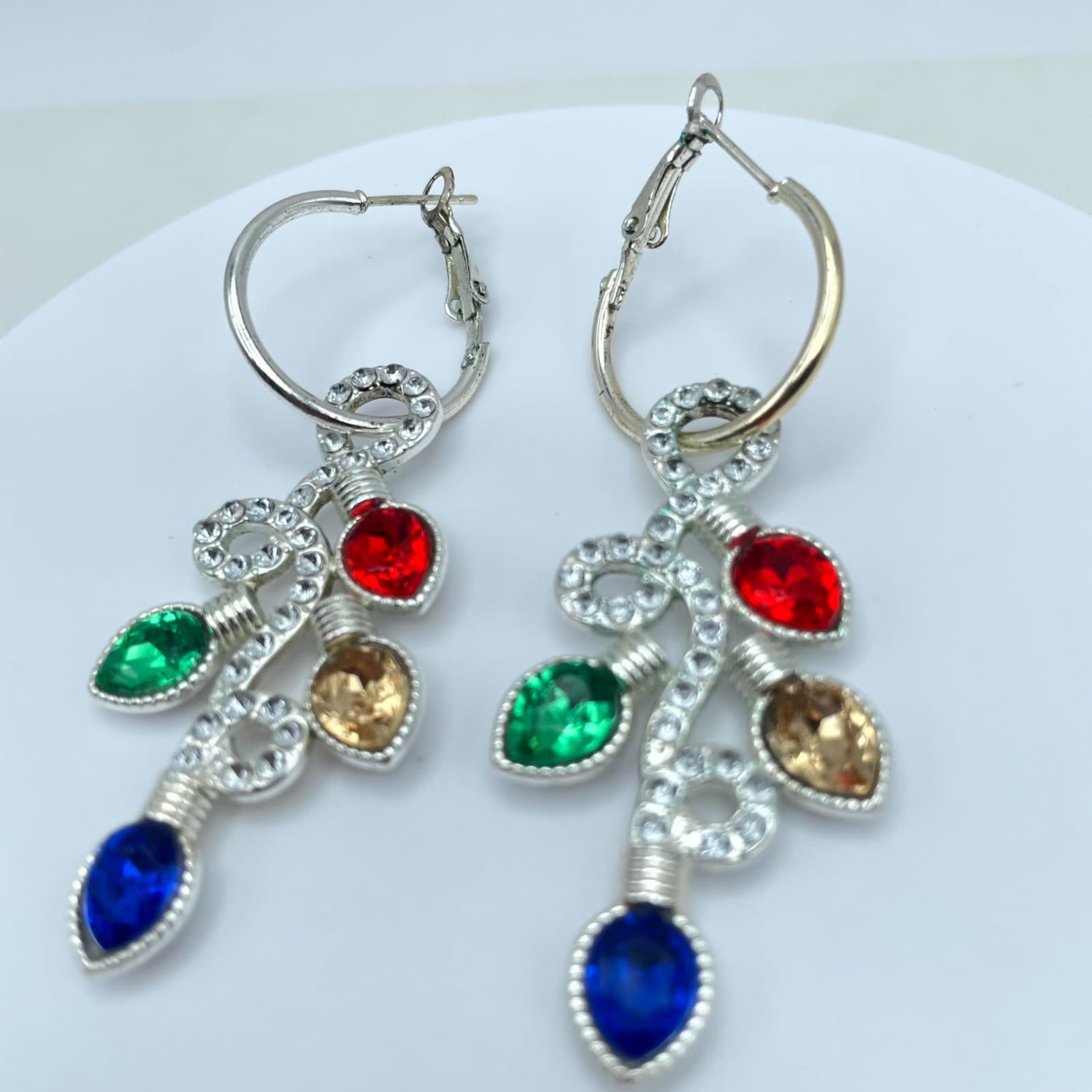 Gold-Tone Faceted Glass Bezel Beads Christmas Light Drop Dangle Hinged Earrings - Thumbnail 4