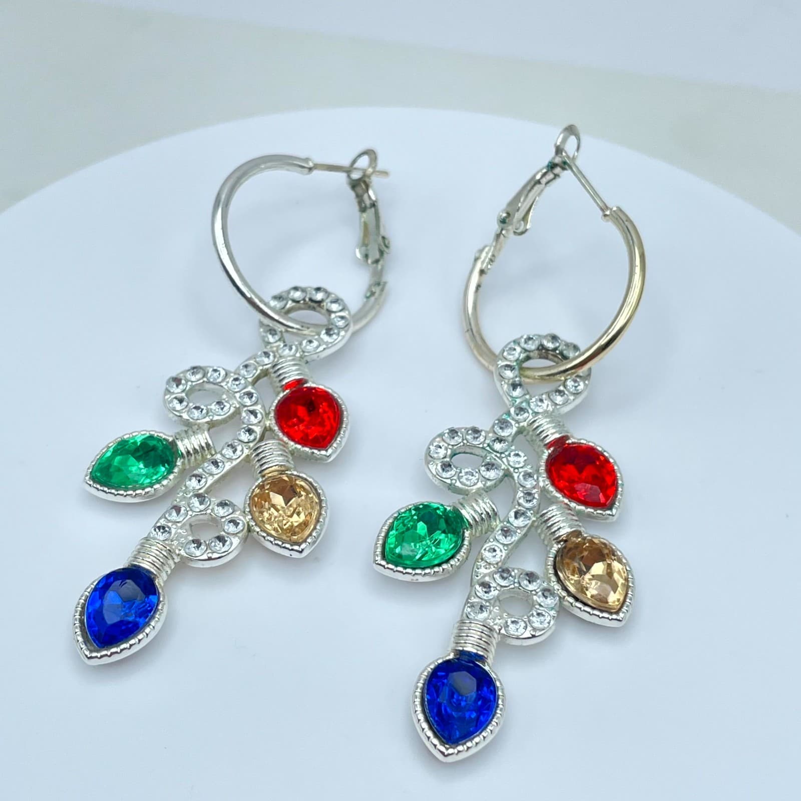 Gold-Tone Faceted Glass Bezel Beads Christmas Light Drop Dangle Hinged Earrings - Thumbnail 9