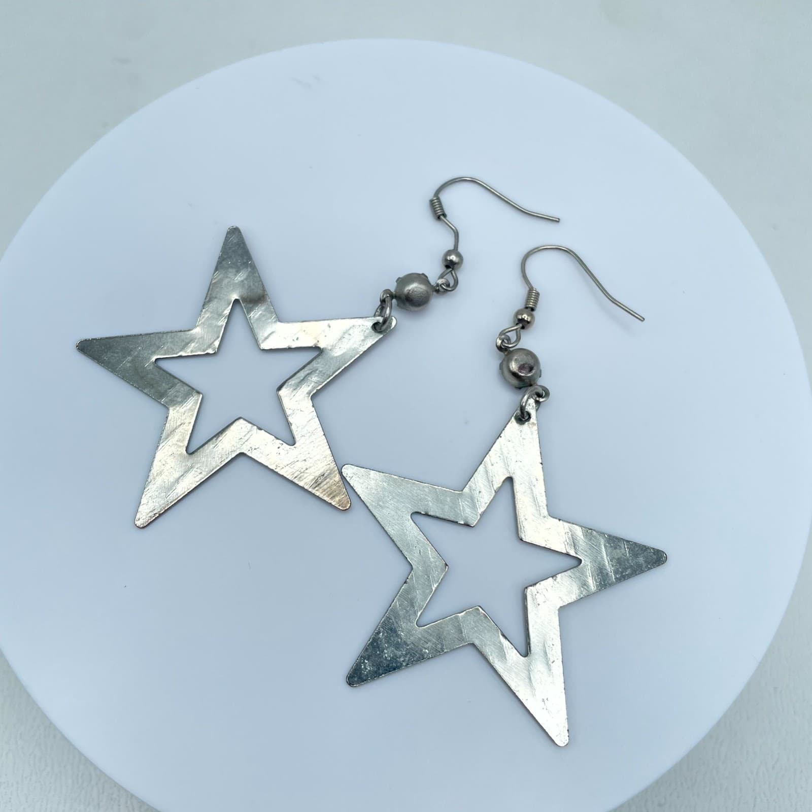 Y2K Silver-Tone Pop-Punk Faceted Beads Hollow Star Dangle Drop Hook Earrings - Thumbnail 3