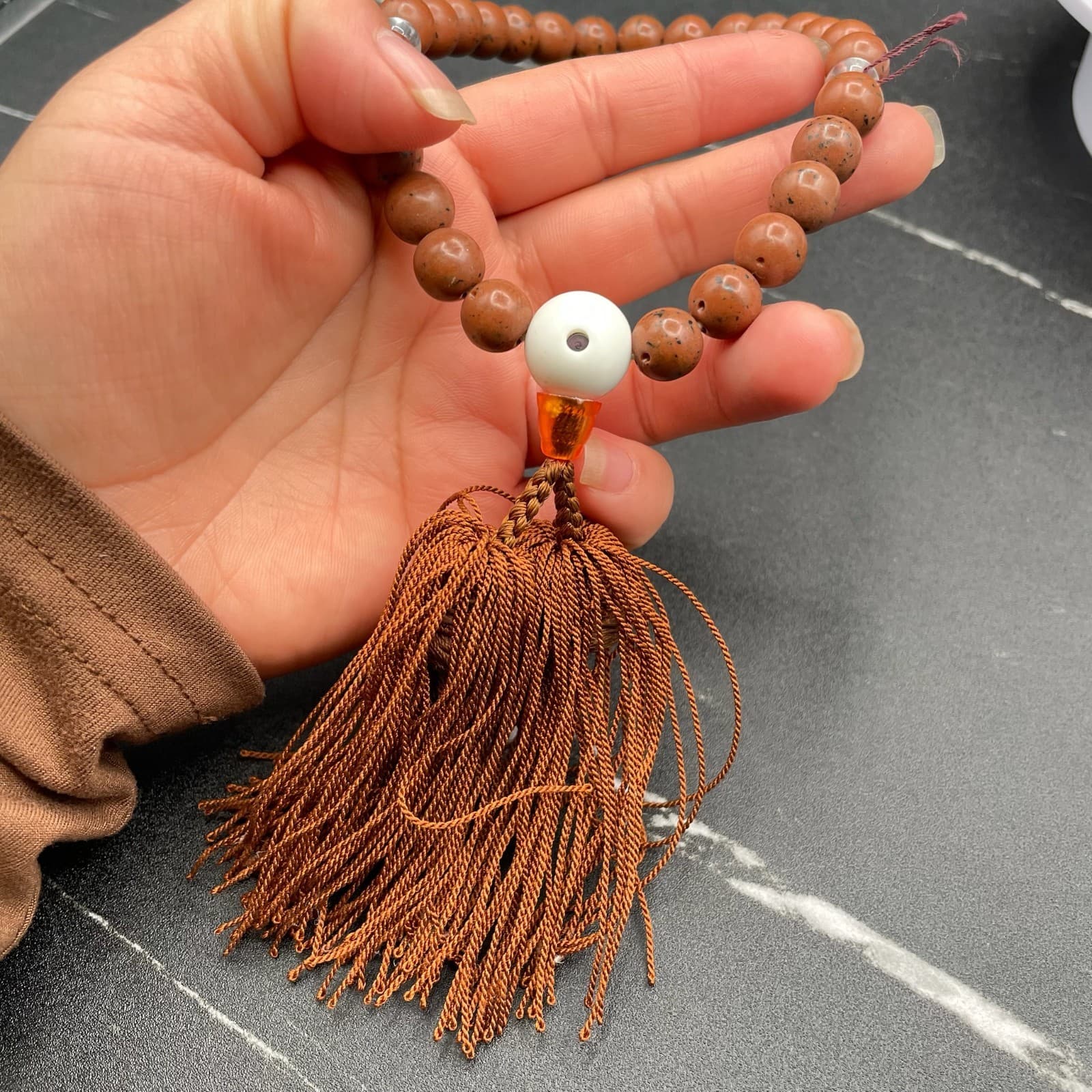 Vintage Unisex Brown Chinaberry Wood Beads 9.5" Long Tassel Prayer Mala - Thumbnail 3