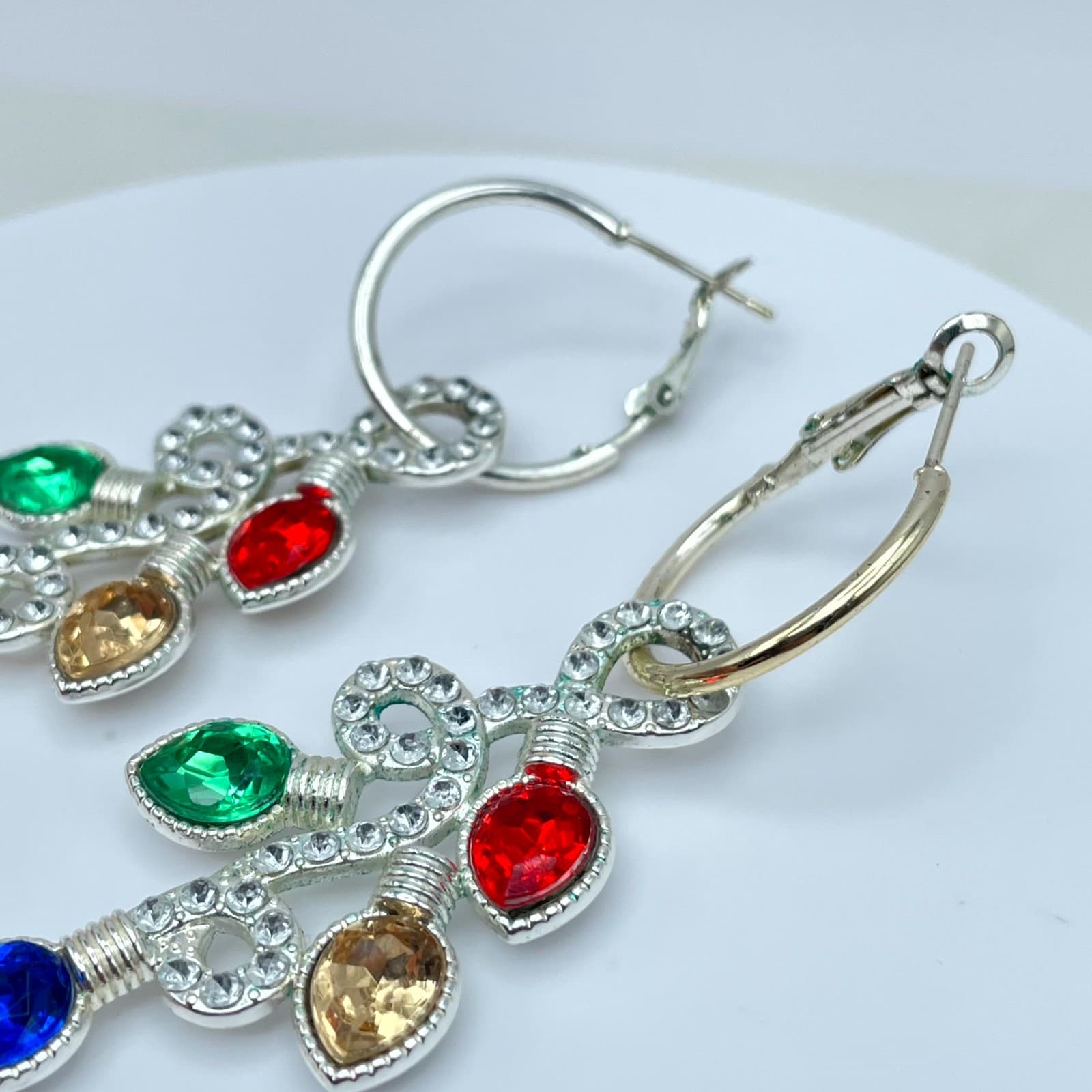 Gold-Tone Faceted Glass Bezel Beads Christmas Light Drop Dangle Hinged Earrings - Thumbnail 10