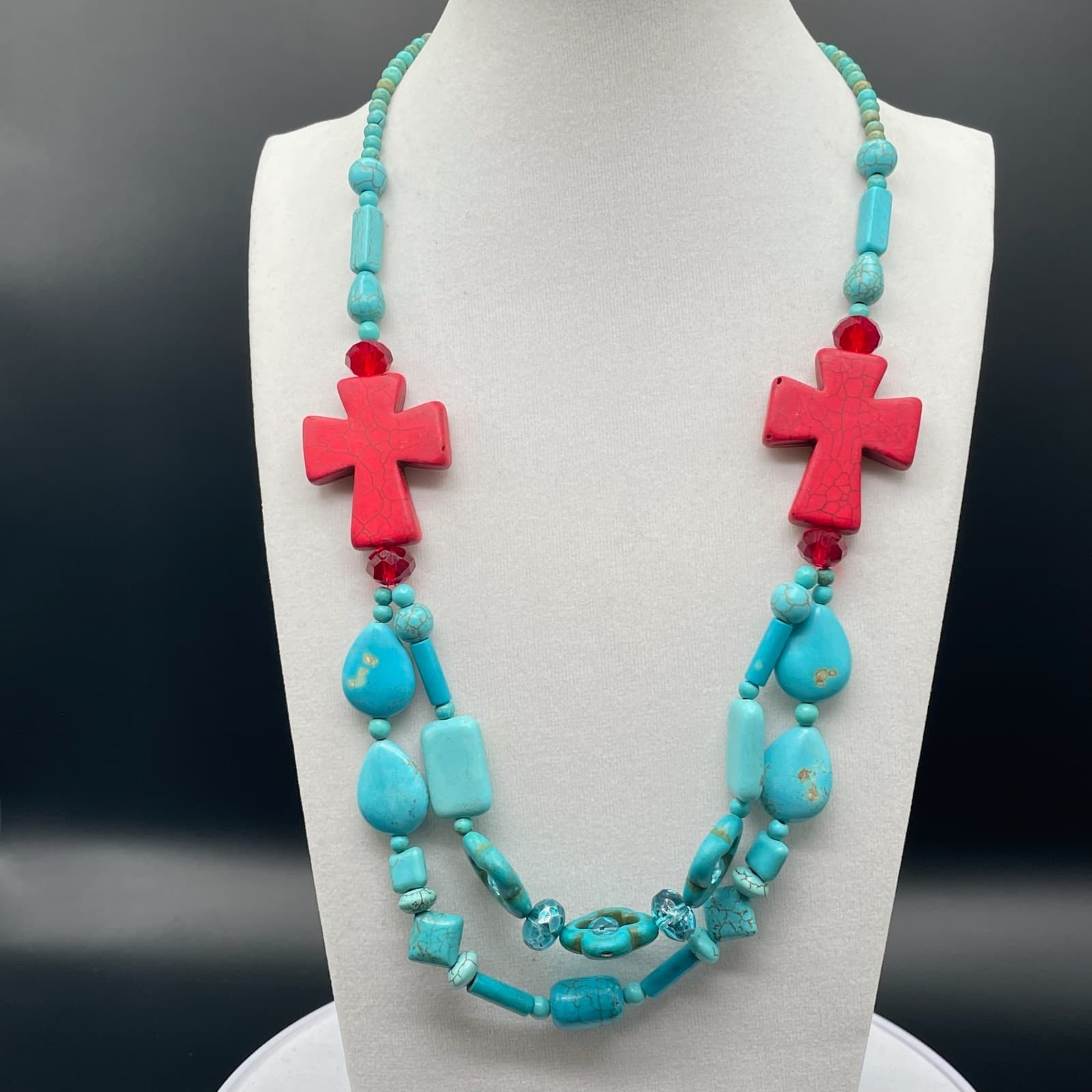 Vintage Trending Teal Cross Sign Howlite Turquoise and Coral Beaded Pendant - Image 1