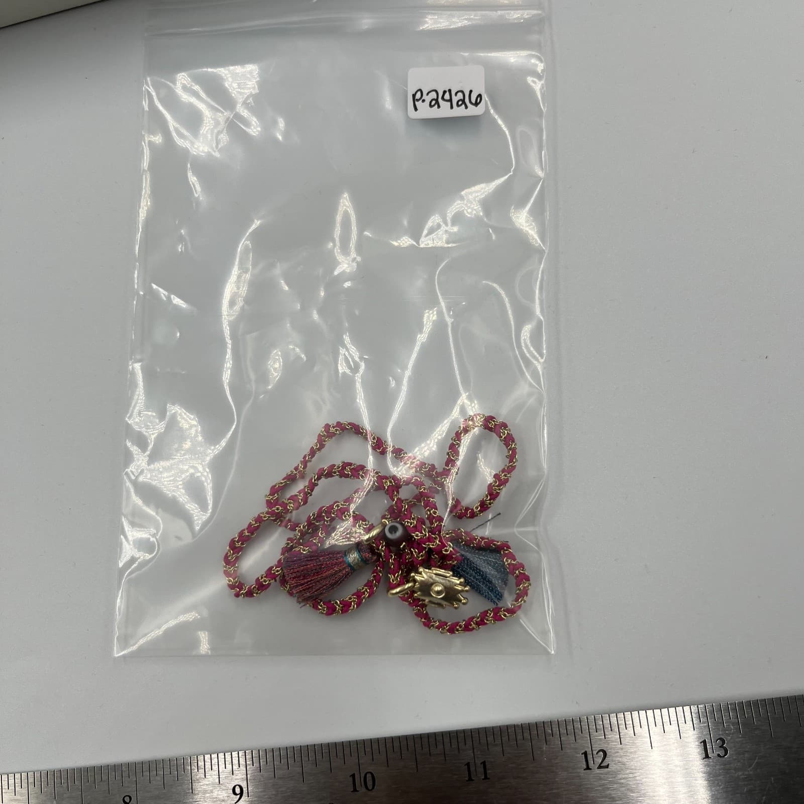 Vintage Boho Evil Eye Sun Pendant Necklace Braided Pink Cord Tassel Adjustable - Thumbnail 8