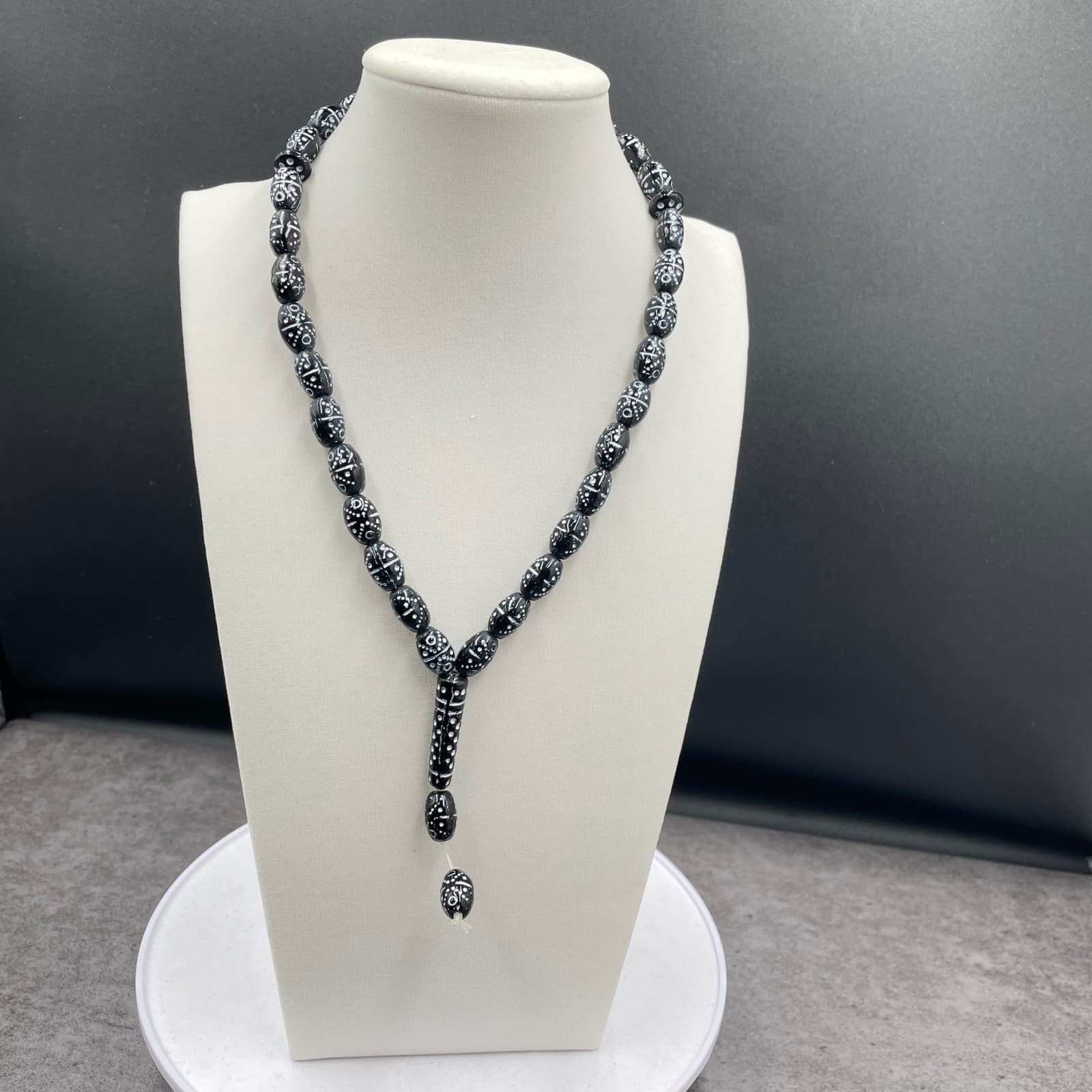 Vintage Black White Mina Micro Zircon Traditional Praying Beads - Size 27" - Image 1