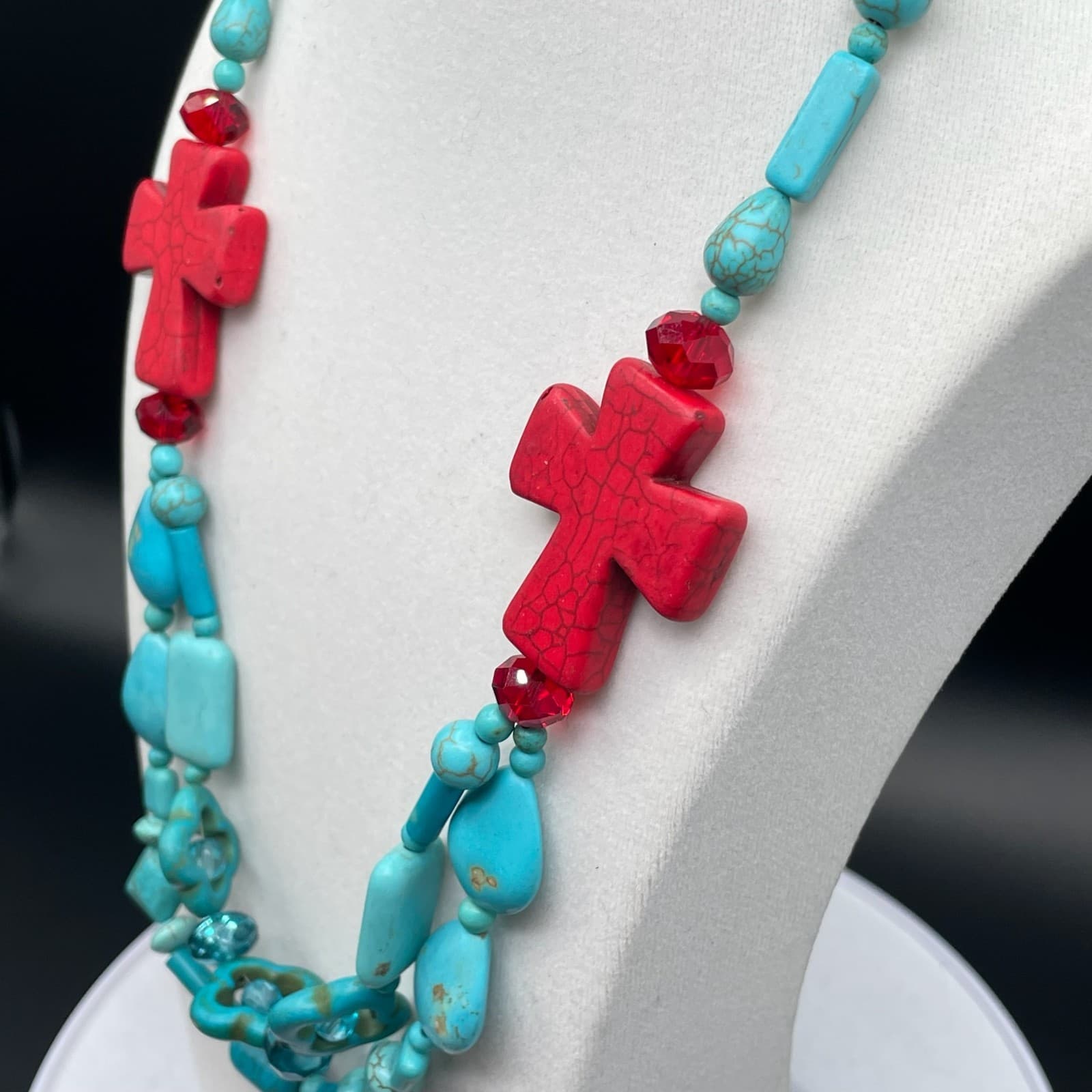 Vintage Trending Teal Cross Sign Howlite Turquoise and Coral Beaded Pendant - Thumbnail 13