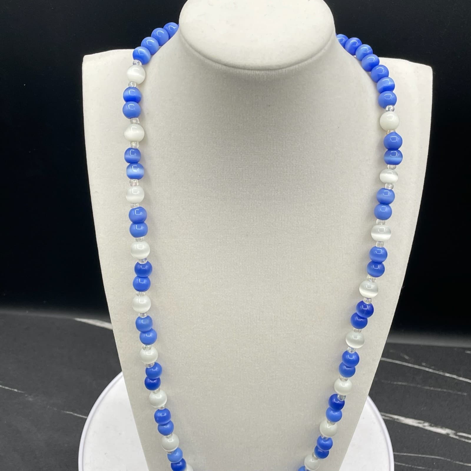 Vintage Handmade Womens Blue White Natural Stone 13" Long Fashion Necklace - Thumbnail 3