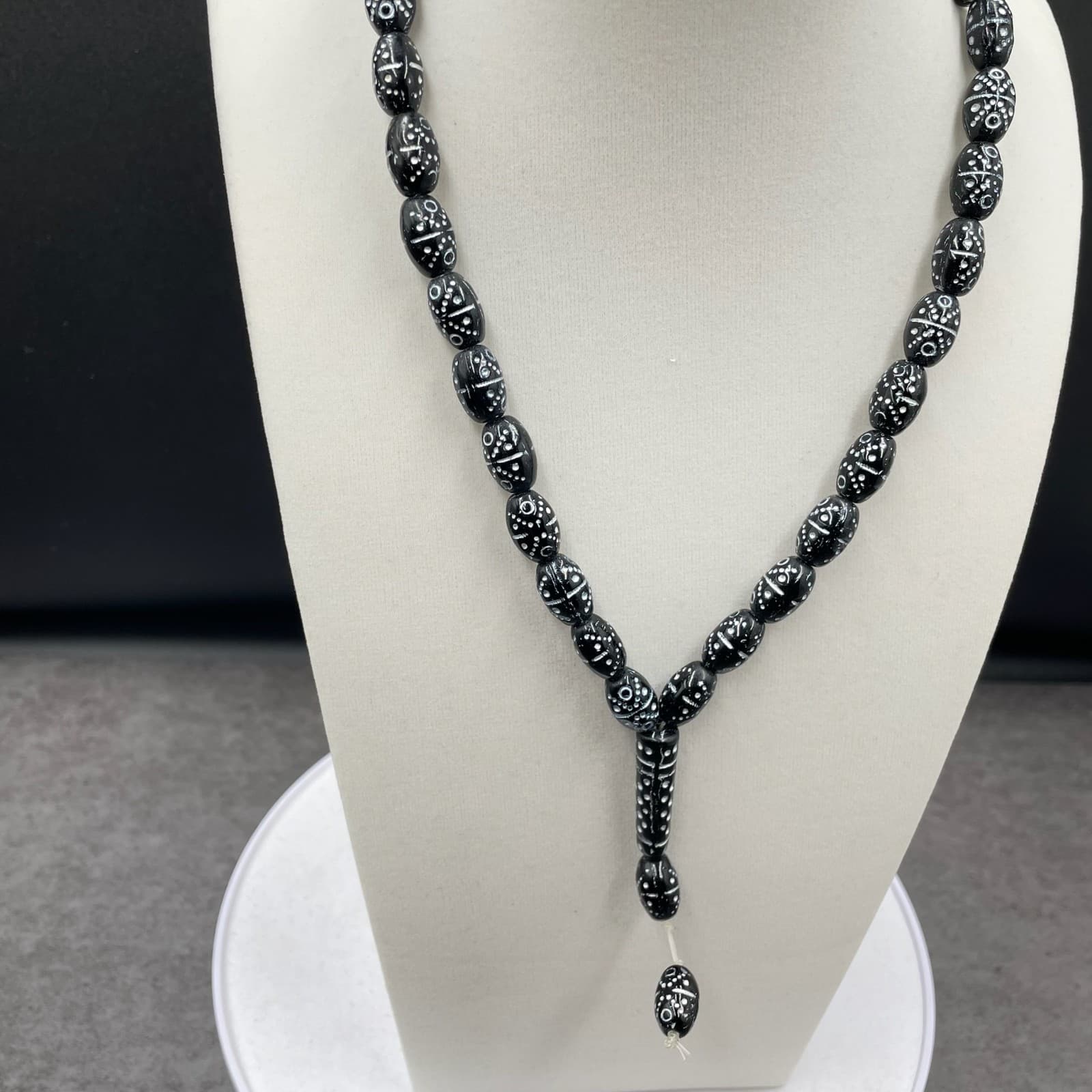 Vintage Black White Mina Micro Zircon Traditional Praying Beads - Size 27" - Thumbnail 3