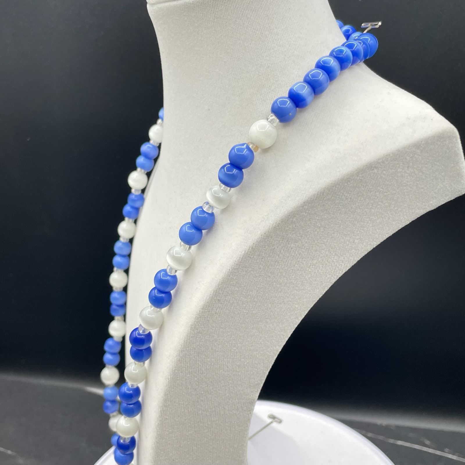 Vintage Handmade Womens Blue White Natural Stone 13" Long Fashion Necklace - Thumbnail 8