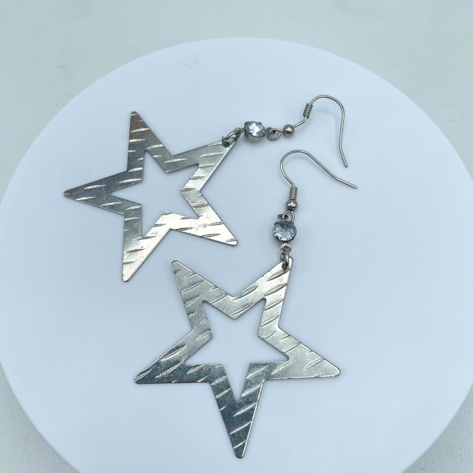 Y2K Silver-Tone Pop-Punk Faceted Beads Hollow Star Dangle Drop Hook Earrings - Thumbnail 4