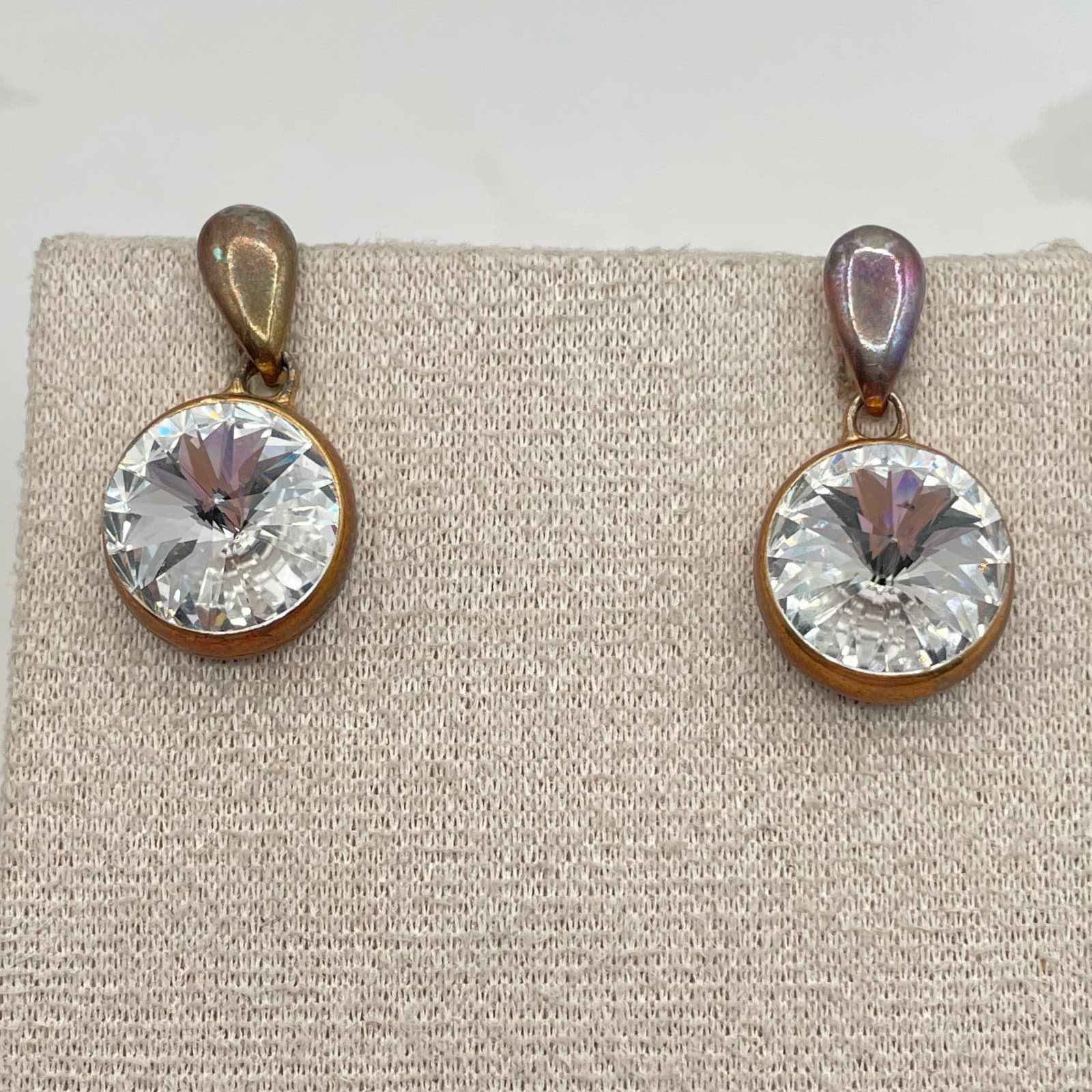 Vintage VTG Cubic Zirconia Drop Earrings Clear CZ Copper Patina Post Dangle 15mm - Thumbnail 10