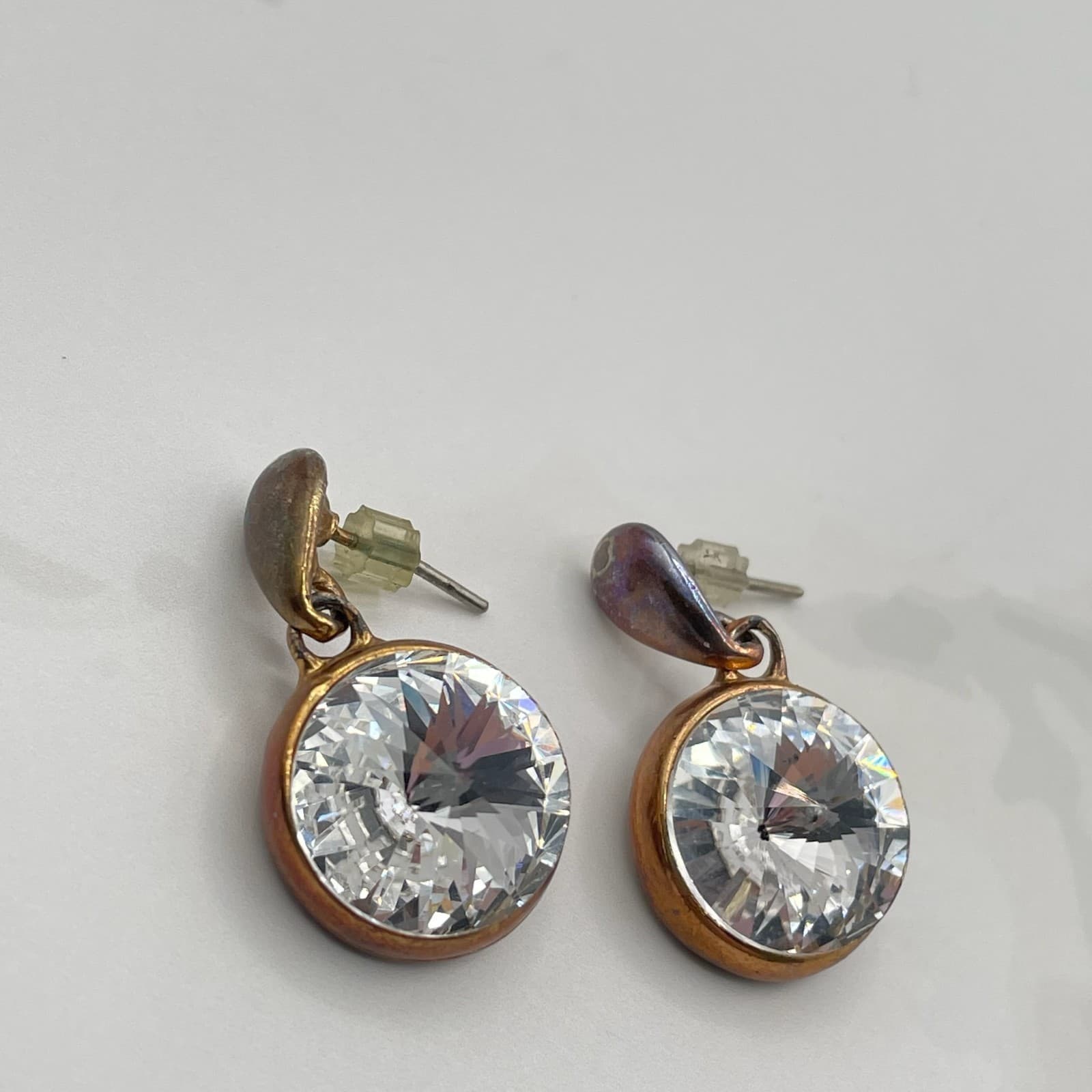 Vintage VTG Cubic Zirconia Drop Earrings Clear CZ Copper Patina Post Dangle 15mm - Thumbnail 2