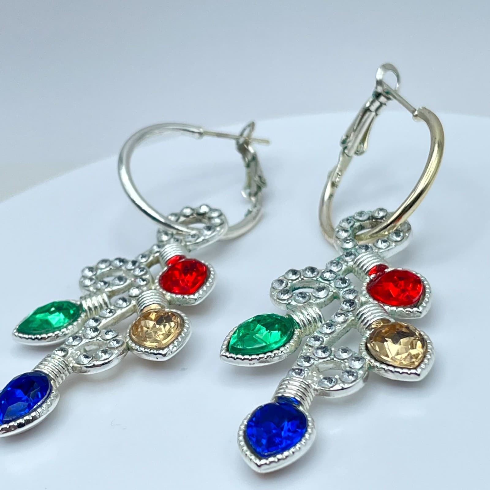 Gold-Tone Faceted Glass Bezel Beads Christmas Light Drop Dangle Hinged Earrings - Thumbnail 8