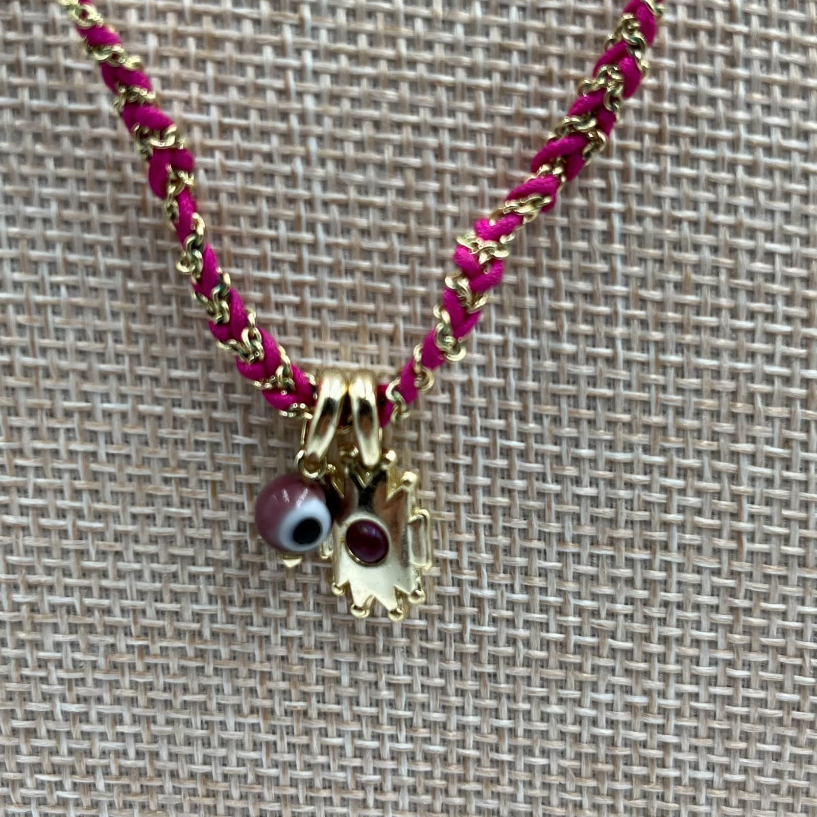 Vintage Boho Evil Eye Sun Pendant Necklace Braided Pink Cord Tassel Adjustable - Thumbnail 3