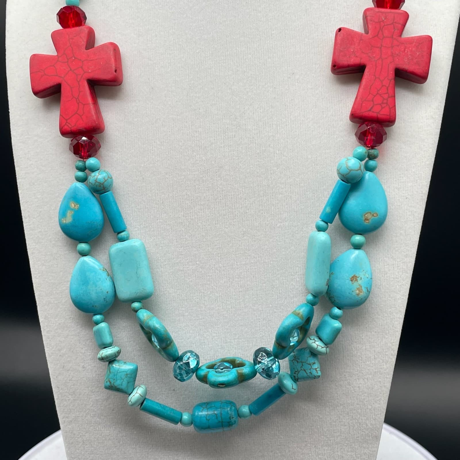 Vintage Trending Teal Cross Sign Howlite Turquoise and Coral Beaded Pendant - Thumbnail 10