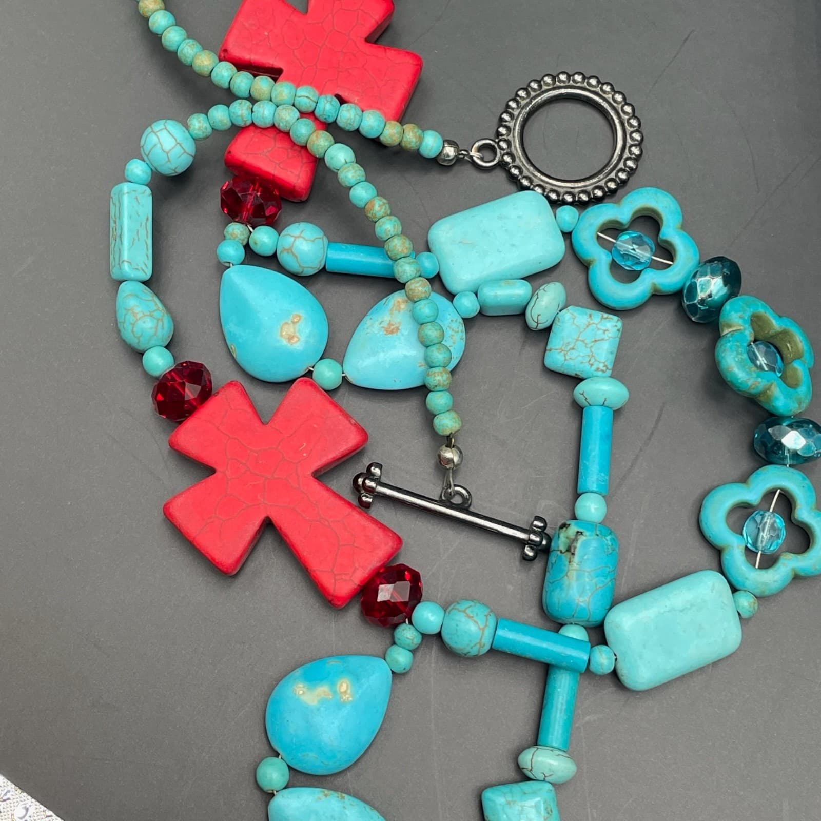 Vintage Trending Teal Cross Sign Howlite Turquoise and Coral Beaded Pendant - Thumbnail 6