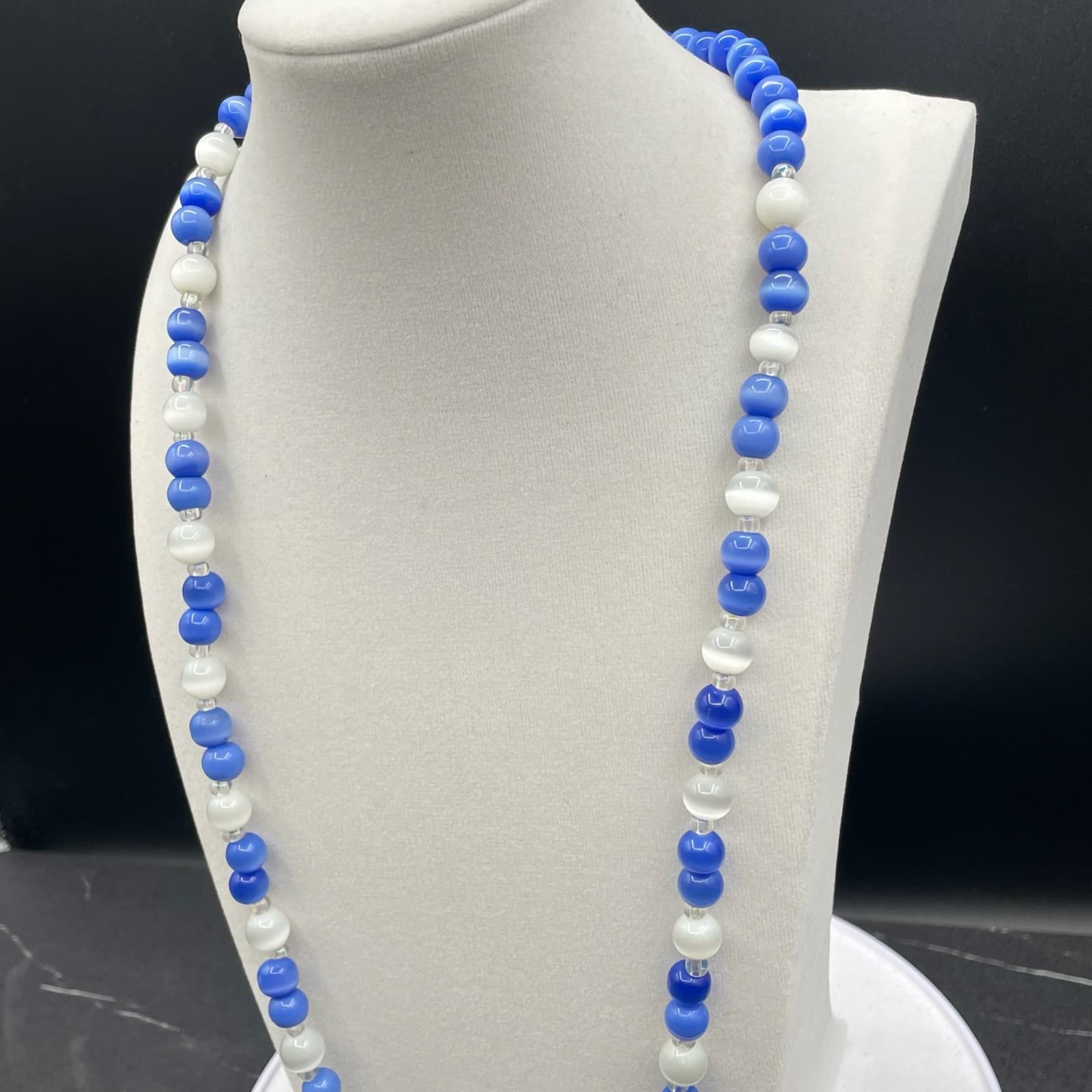 Vintage Handmade Womens Blue White Natural Stone 13" Long Fashion Necklace - Thumbnail 7