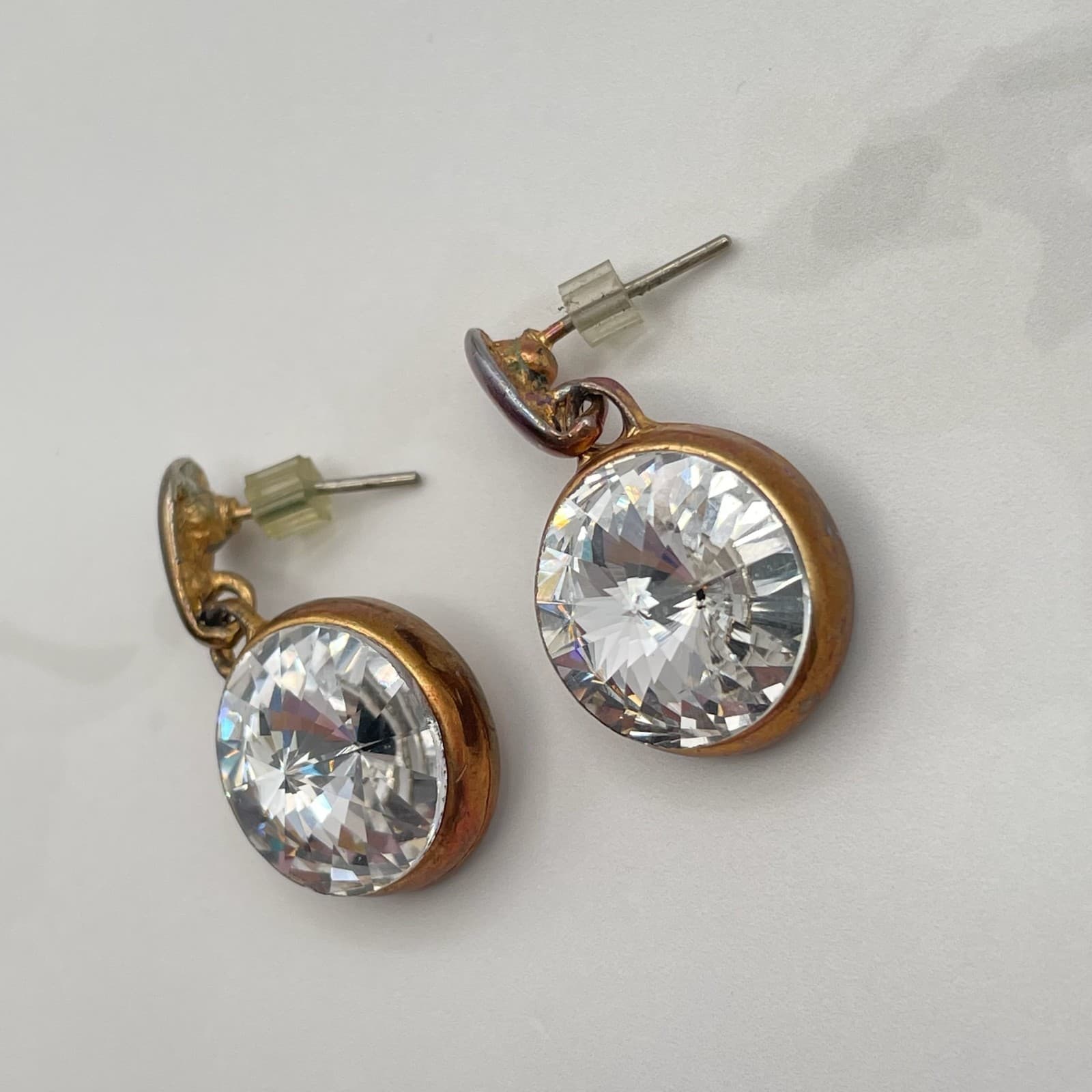 Vintage VTG Cubic Zirconia Drop Earrings Clear CZ Copper Patina Post Dangle 15mm - Thumbnail 3