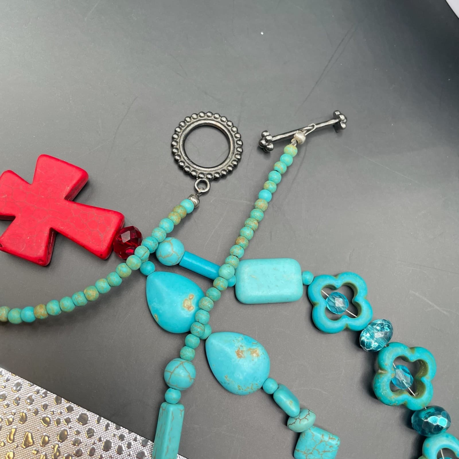 Vintage Trending Teal Cross Sign Howlite Turquoise and Coral Beaded Pendant - Thumbnail 3