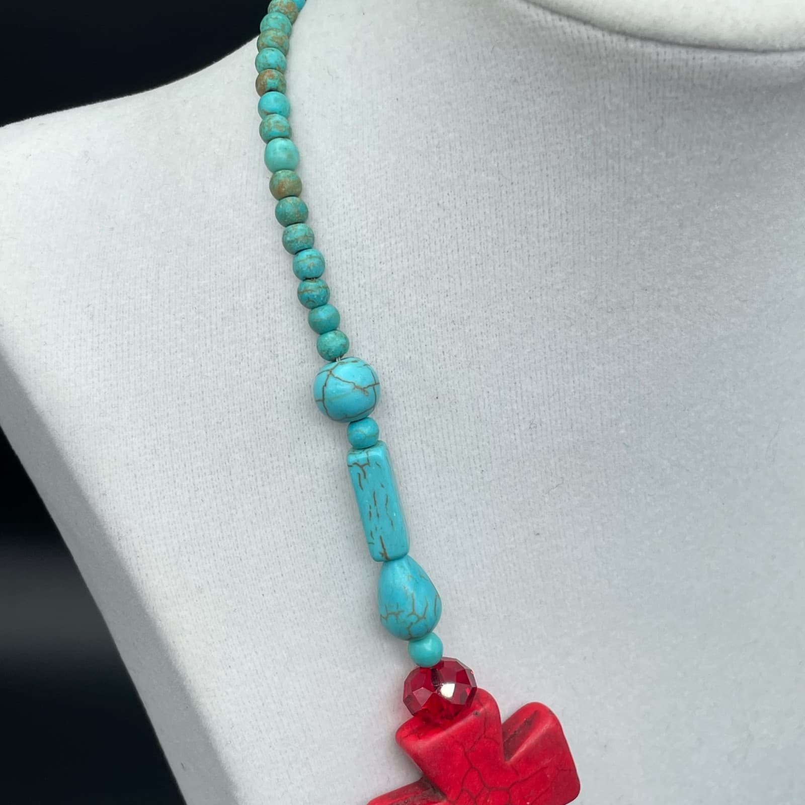 Vintage Trending Teal Cross Sign Howlite Turquoise and Coral Beaded Pendant - Thumbnail 7