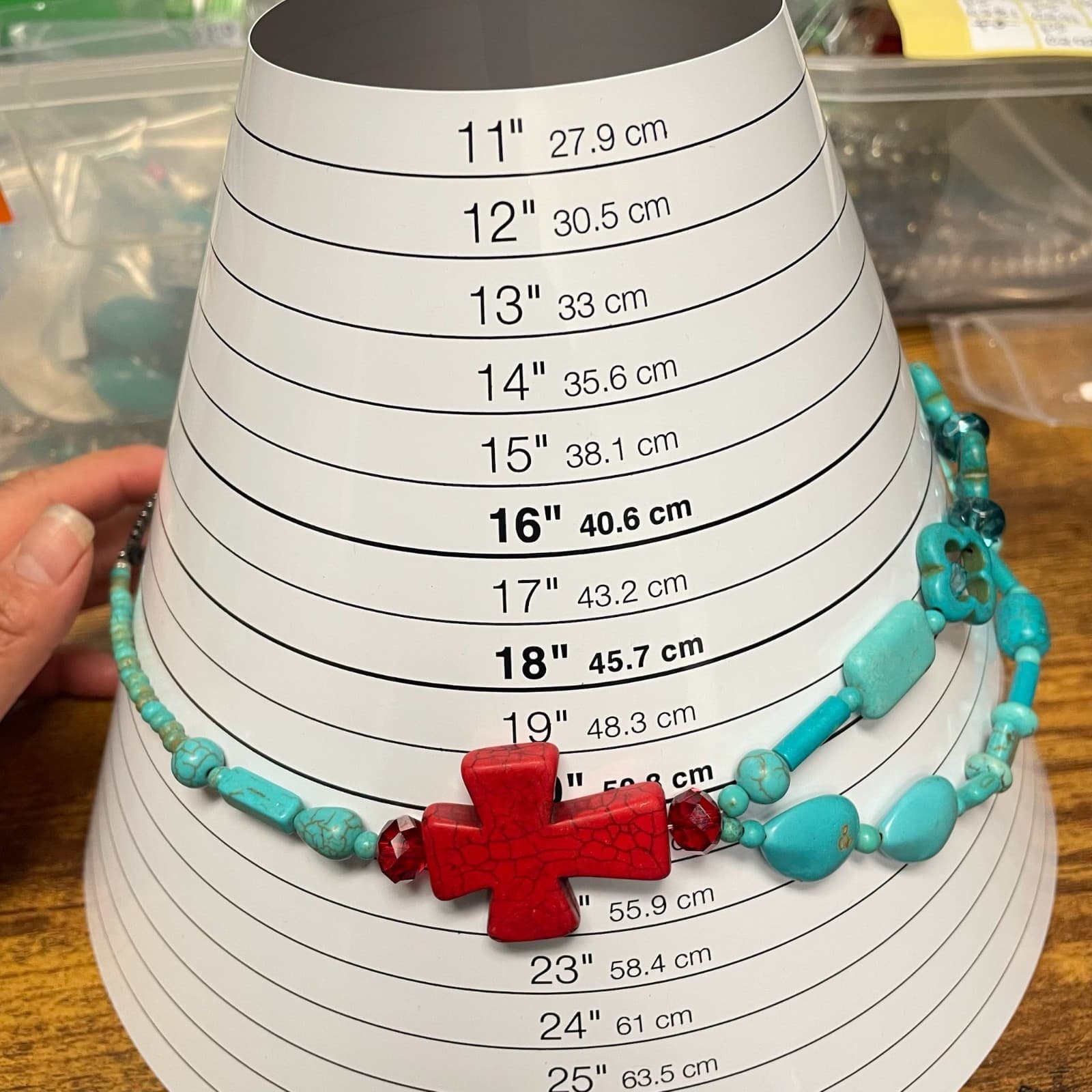 Vintage Trending Teal Cross Sign Howlite Turquoise and Coral Beaded Pendant - Thumbnail 2