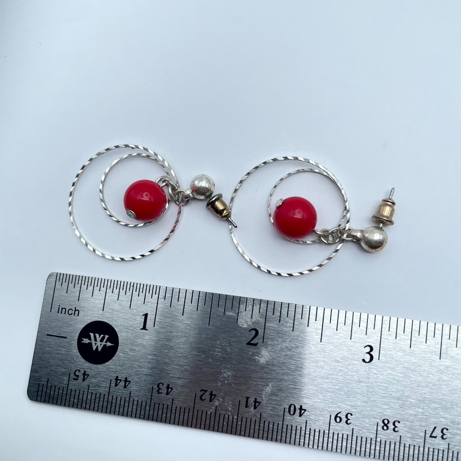 Bohemian-Chic Silver-Tone Red Ball Bead Double Wire Circle Dangle Hoop Earrings - Thumbnail 2