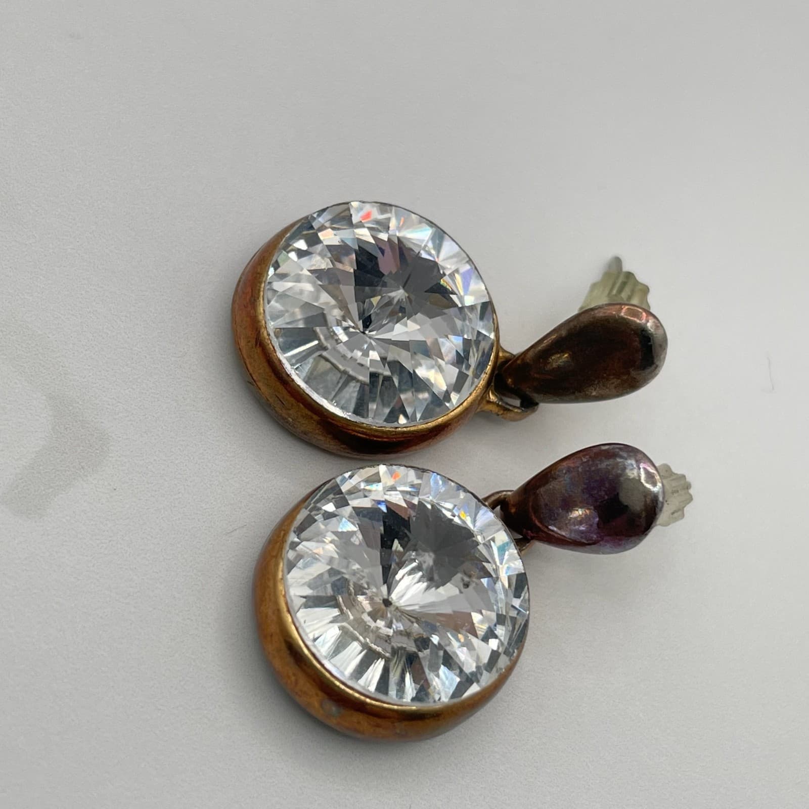 Vintage VTG Cubic Zirconia Drop Earrings Clear CZ Copper Patina Post Dangle 15mm - Thumbnail 6