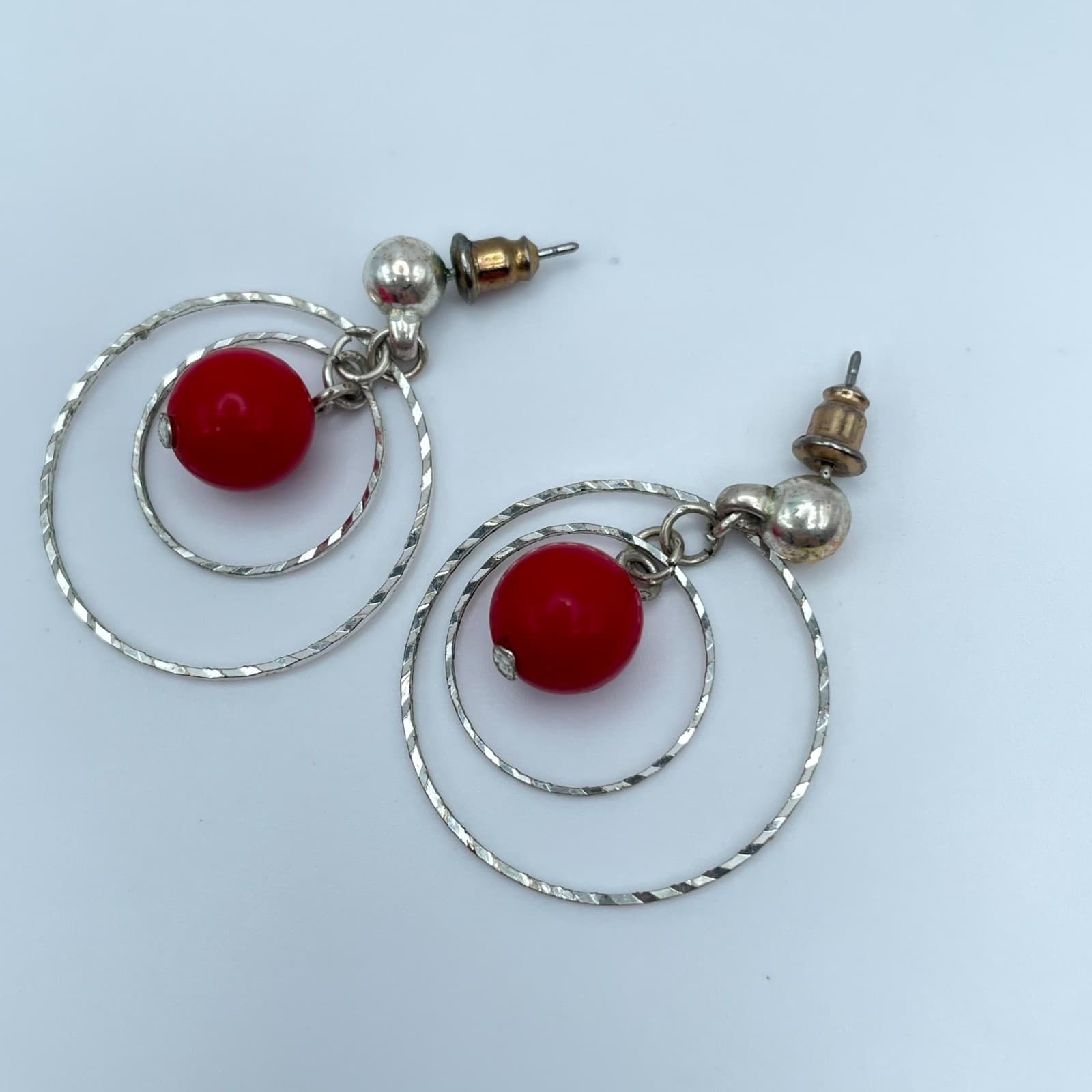 Bohemian-Chic Silver-Tone Red Ball Bead Double Wire Circle Dangle Hoop Earrings - Image 1