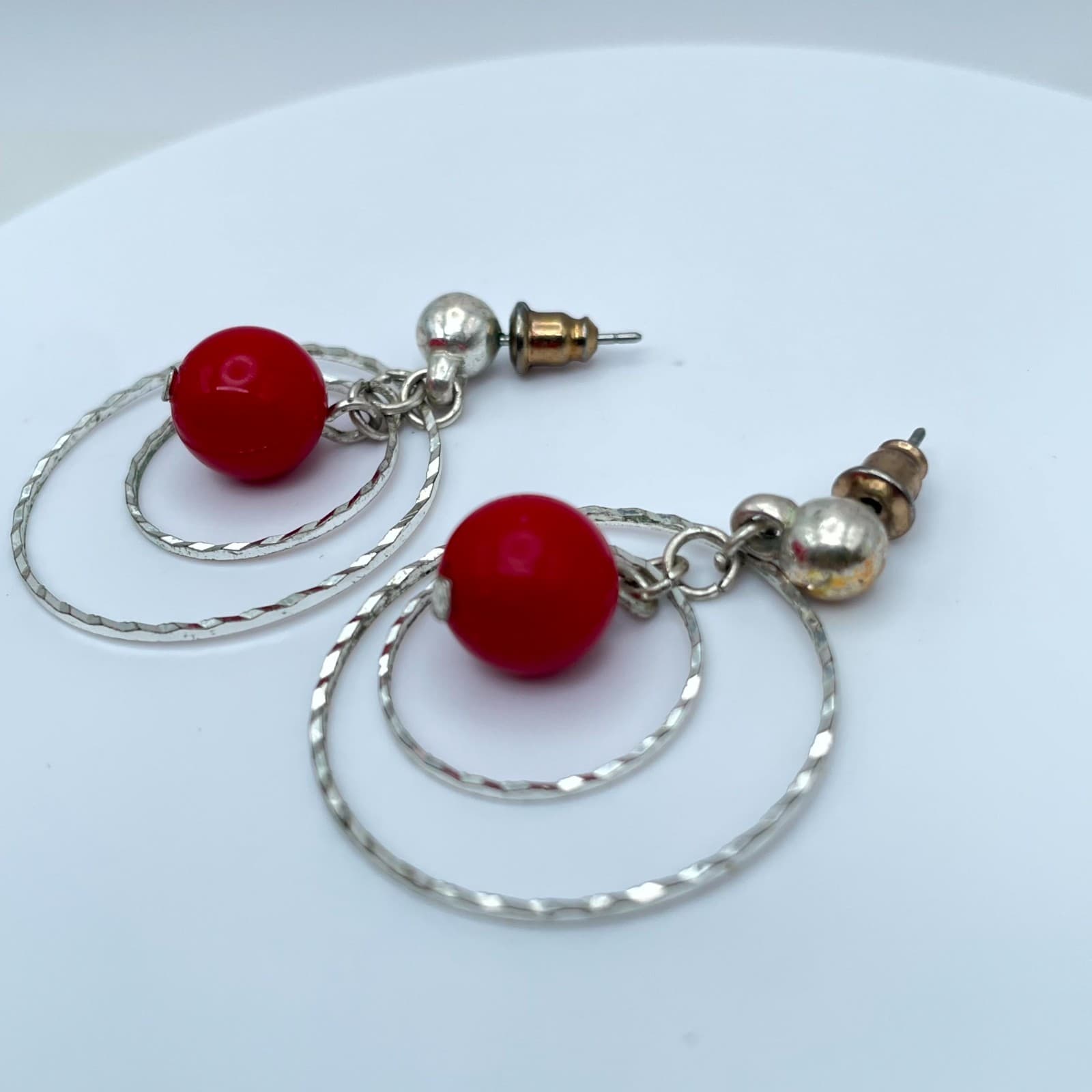 Bohemian-Chic Silver-Tone Red Ball Bead Double Wire Circle Dangle Hoop Earrings - Thumbnail 3