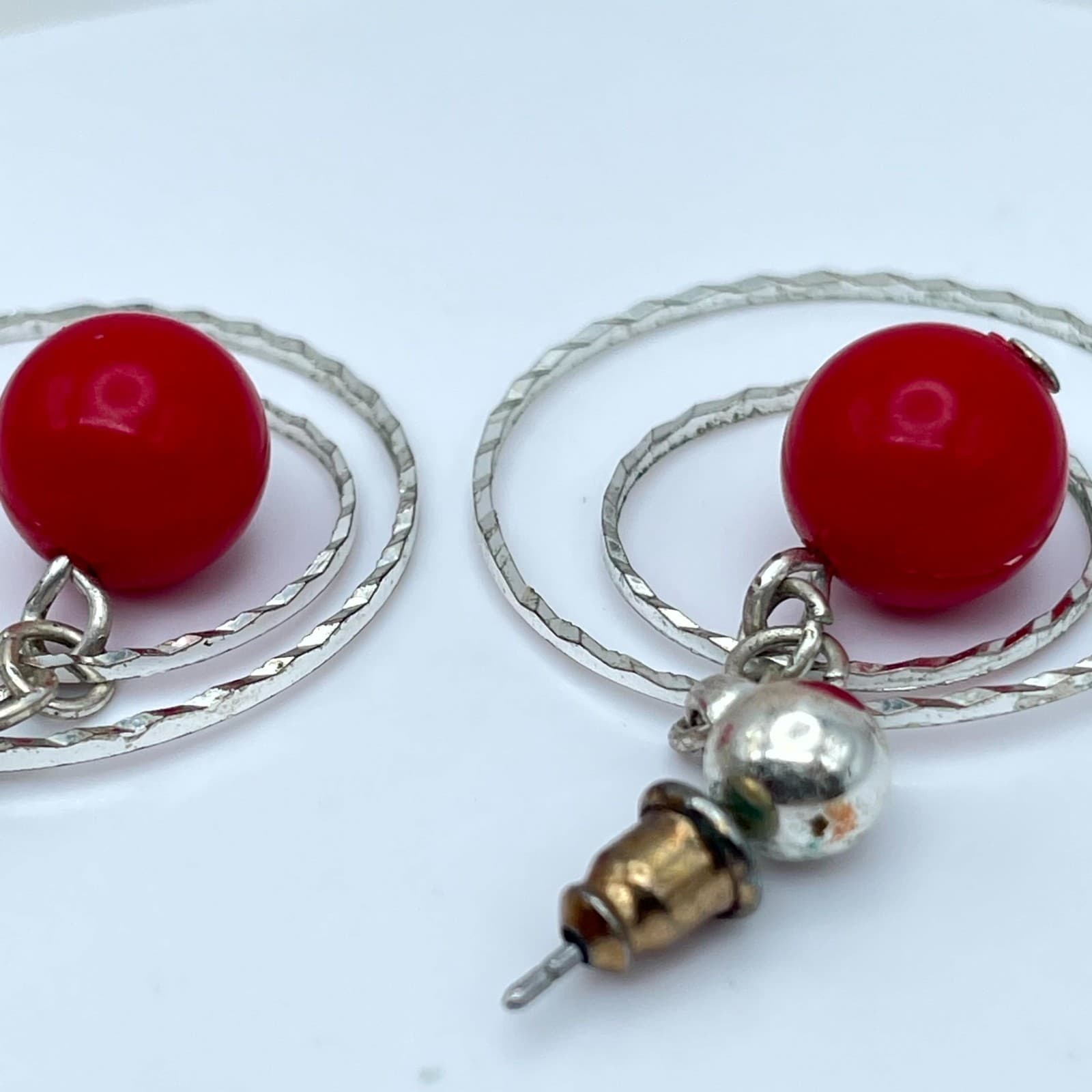 Bohemian-Chic Silver-Tone Red Ball Bead Double Wire Circle Dangle Hoop Earrings - Thumbnail 7