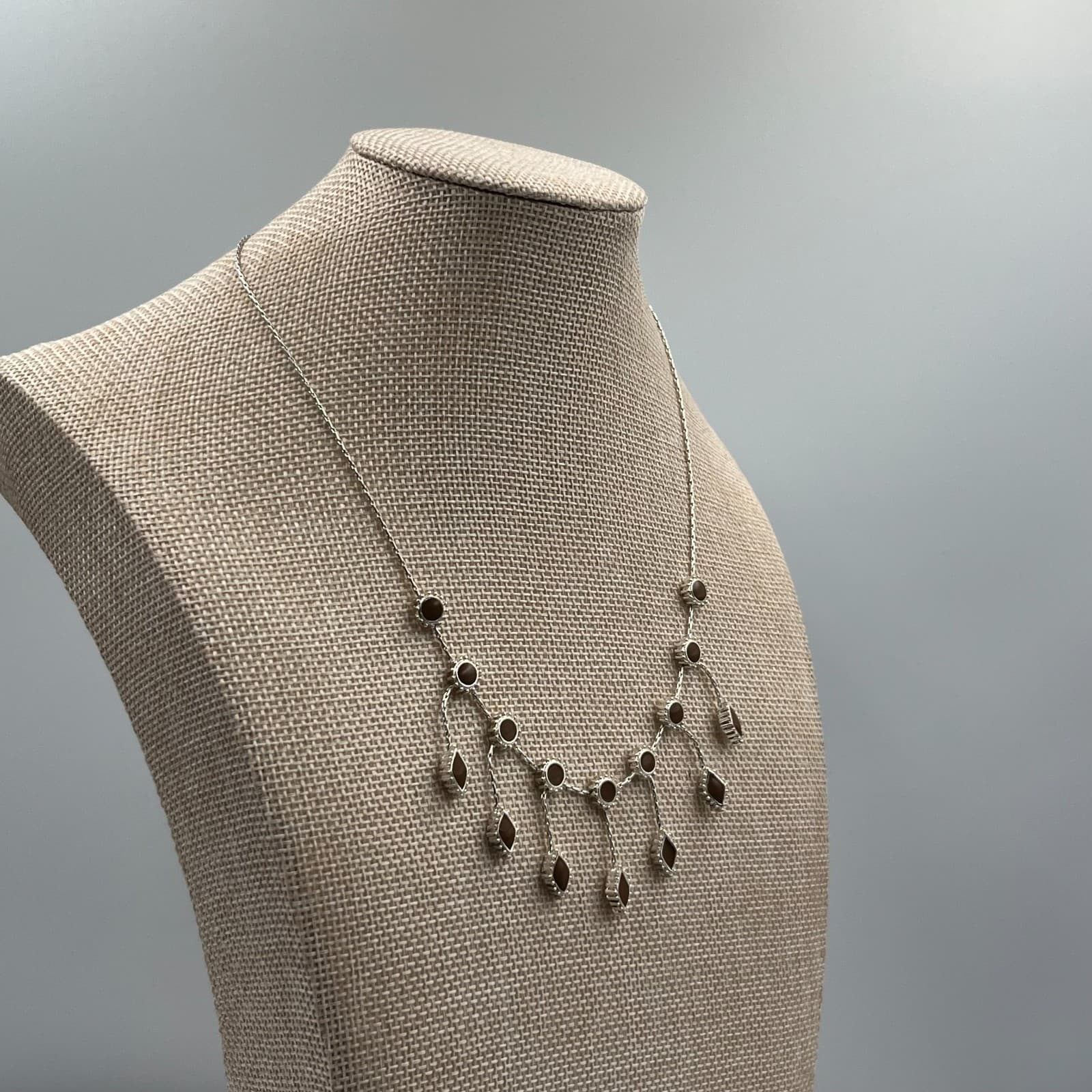 Vintage Bohemian Silver Drop Necklace Brown Faux Stone Geometric Charms 18" - Thumbnail 4