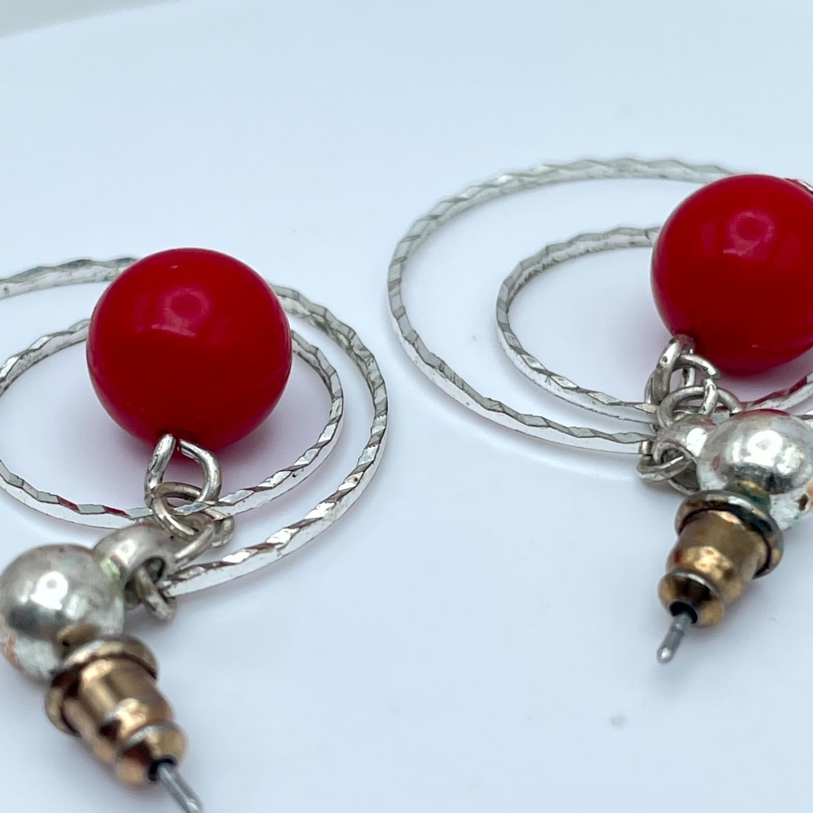 Bohemian-Chic Silver-Tone Red Ball Bead Double Wire Circle Dangle Hoop Earrings - Thumbnail 6