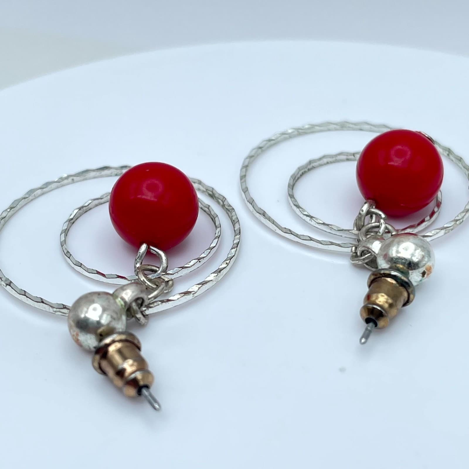 Bohemian-Chic Silver-Tone Red Ball Bead Double Wire Circle Dangle Hoop Earrings - Thumbnail 5