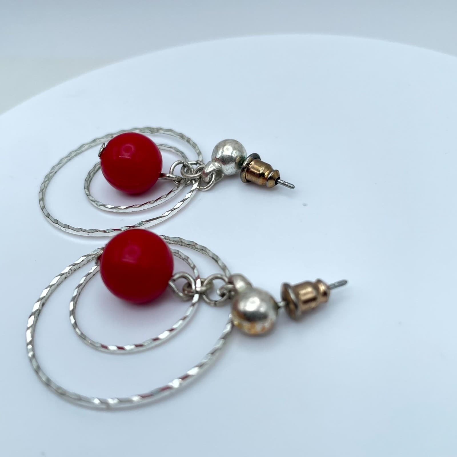 Bohemian-Chic Silver-Tone Red Ball Bead Double Wire Circle Dangle Hoop Earrings - Thumbnail 4