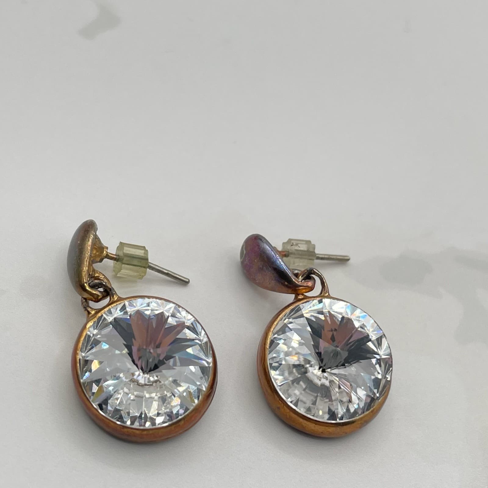 Vintage VTG Cubic Zirconia Drop Earrings Clear CZ Copper Patina Post Dangle 15mm - Thumbnail 4