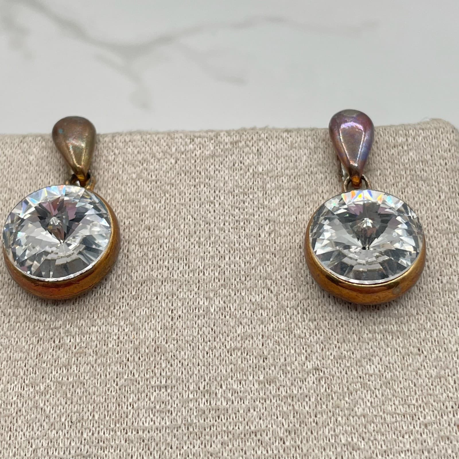 Vintage VTG Cubic Zirconia Drop Earrings Clear CZ Copper Patina Post Dangle 15mm - Thumbnail 11