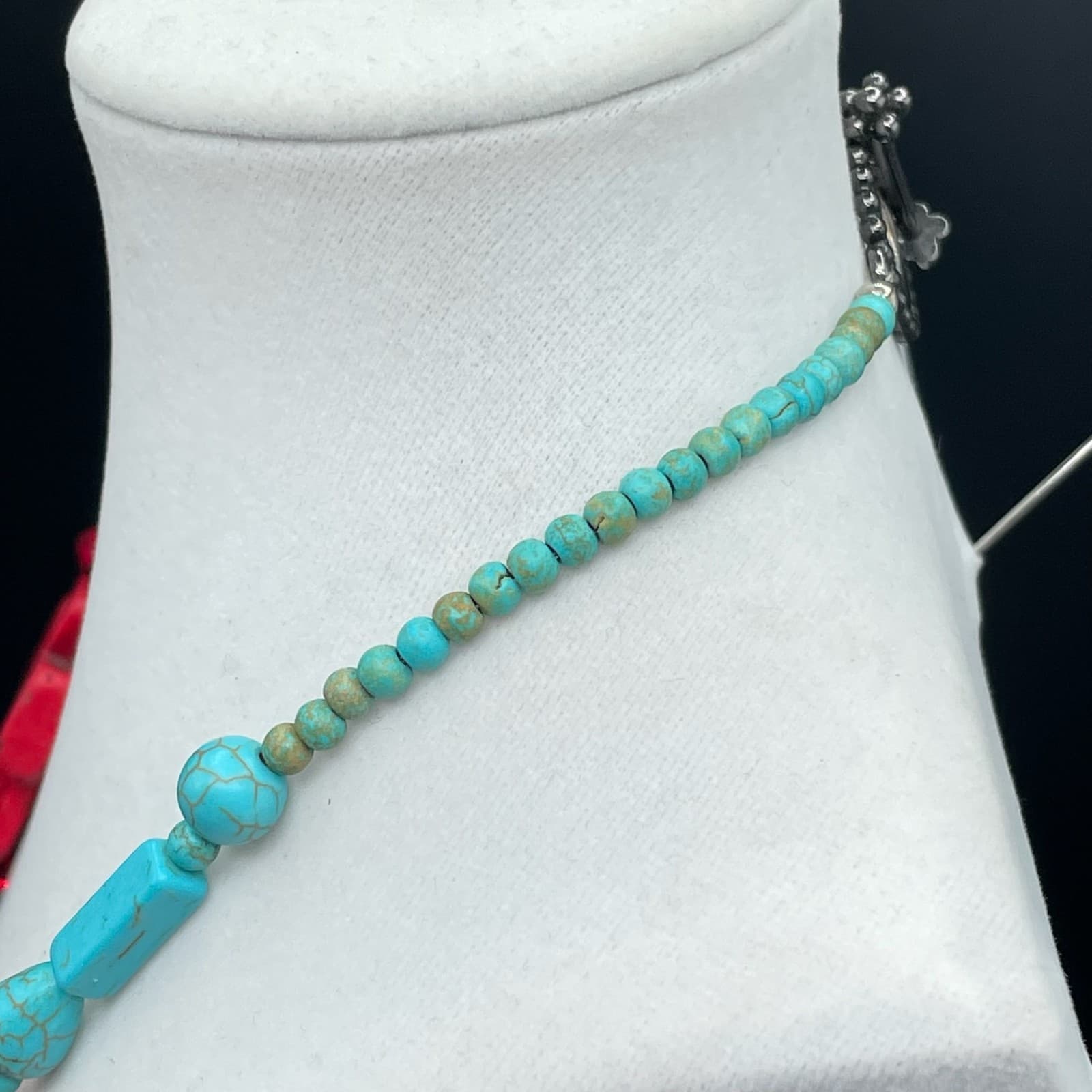 Vintage Trending Teal Cross Sign Howlite Turquoise and Coral Beaded Pendant - Thumbnail 16