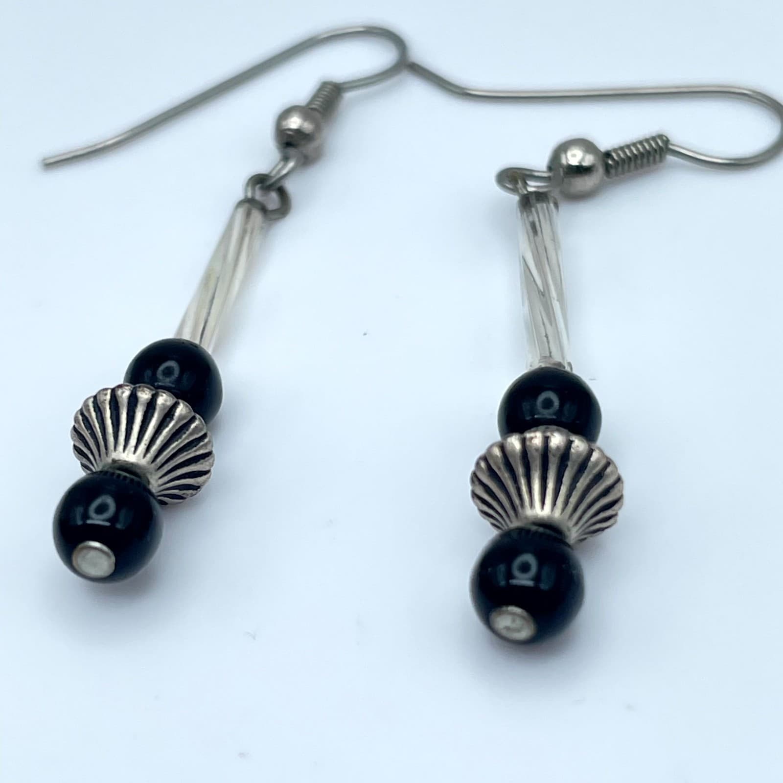 Vintage Silver-Tone Classic Modernist Boho Black Bead Linear Dangle Hook Earring - Thumbnail 9
