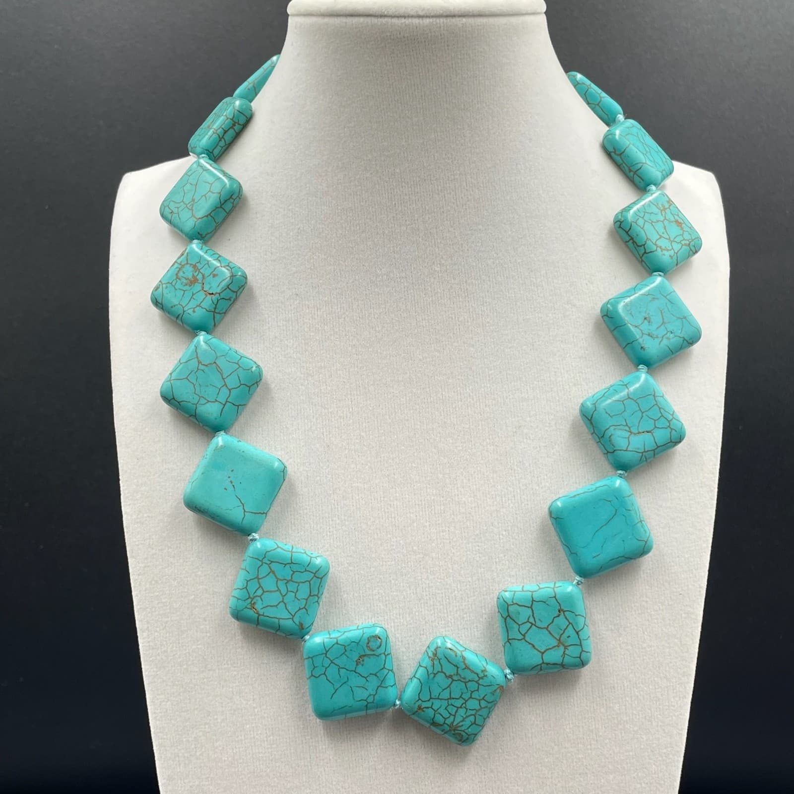 Vintage Lobster Tribal Chunky Turquoise Square Cube Beaded Statement Necklace - Image 1