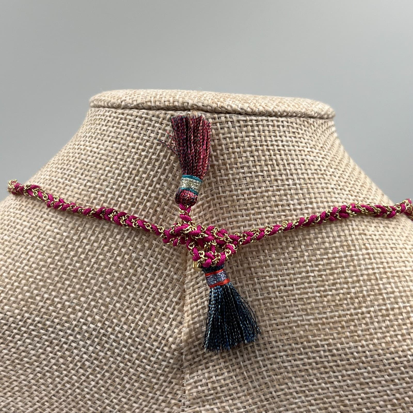 Vintage Boho Evil Eye Sun Pendant Necklace Braided Pink Cord Tassel Adjustable - Thumbnail 6