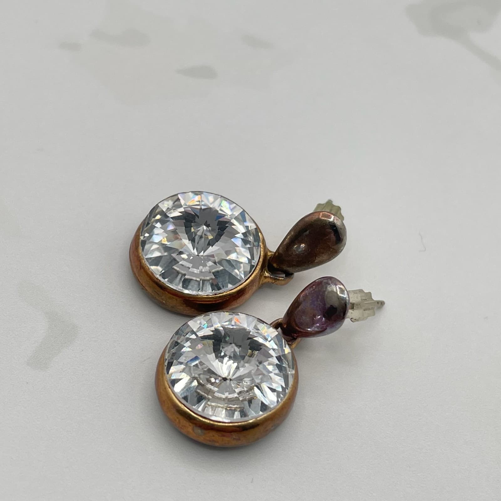 Vintage VTG Cubic Zirconia Drop Earrings Clear CZ Copper Patina Post Dangle 15mm - Thumbnail 5